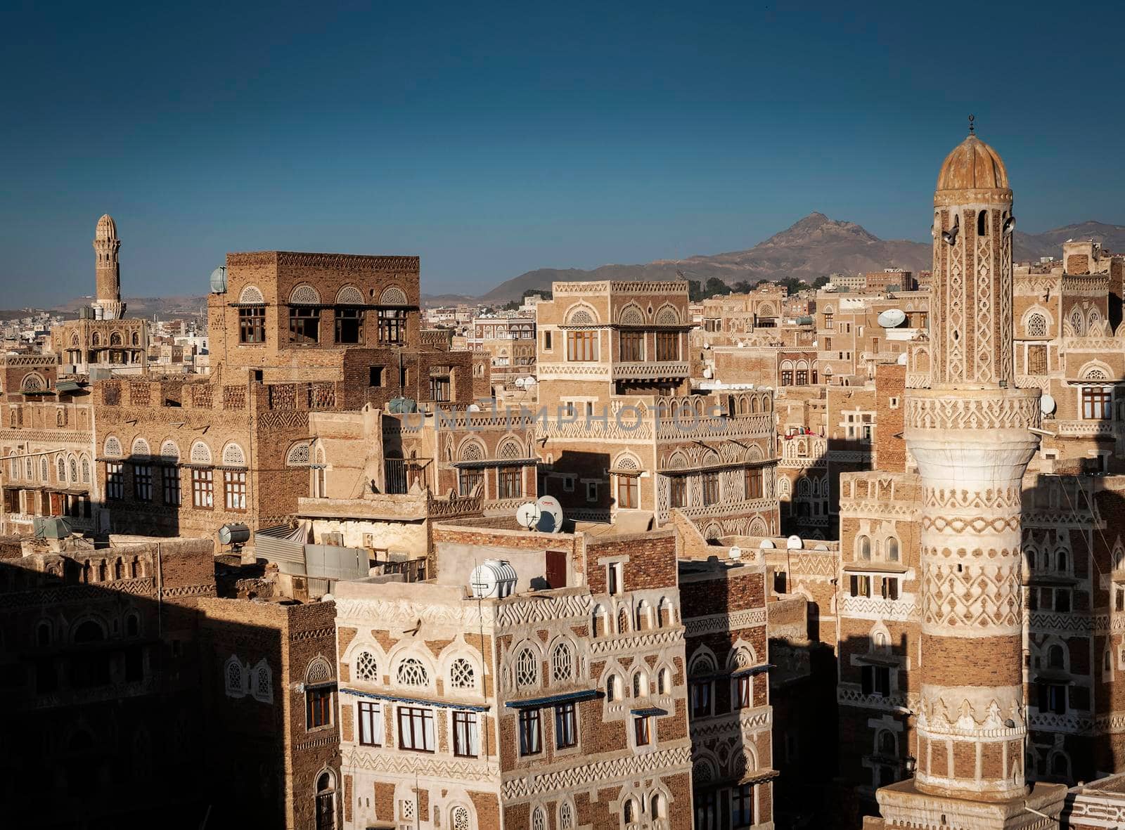 view of  downtown sanaa city old town traditional arabic architecture skyline in yemen