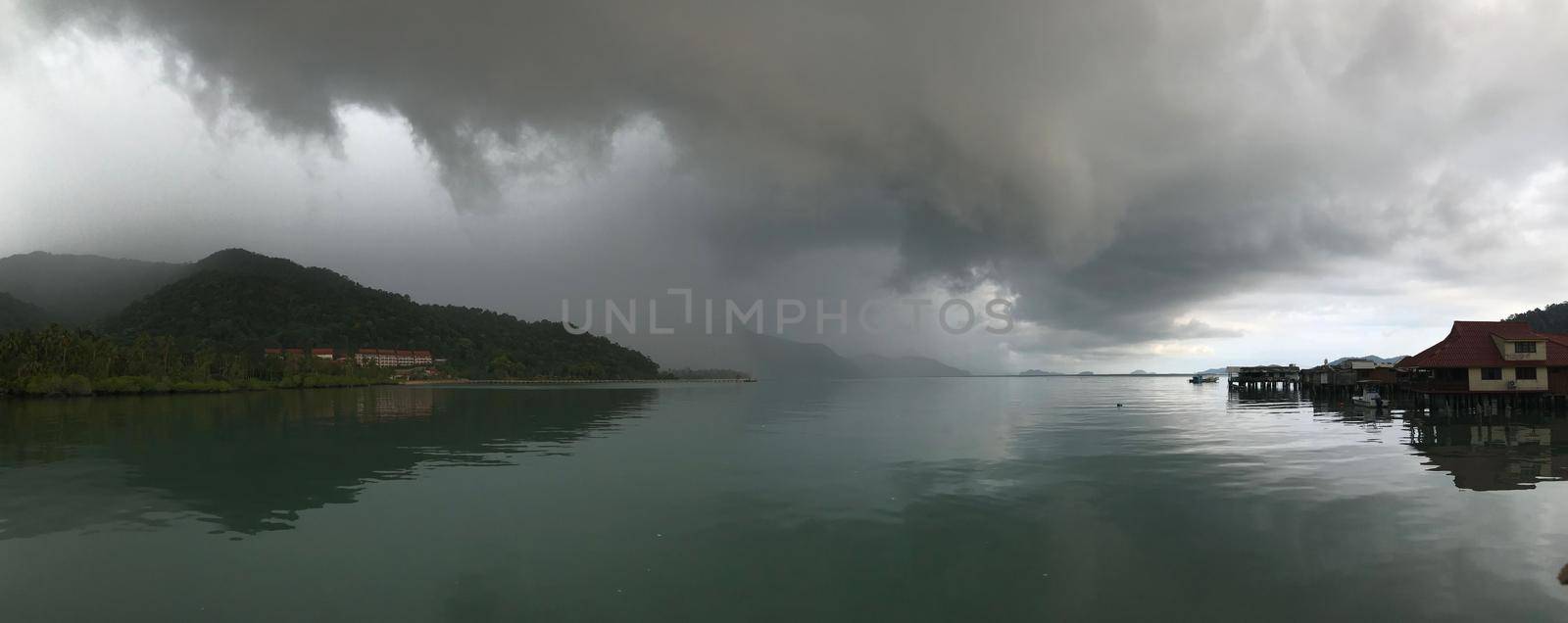 Panorama from a tropical rain shower at Bang Bao Pier in Koh Chang Thailand