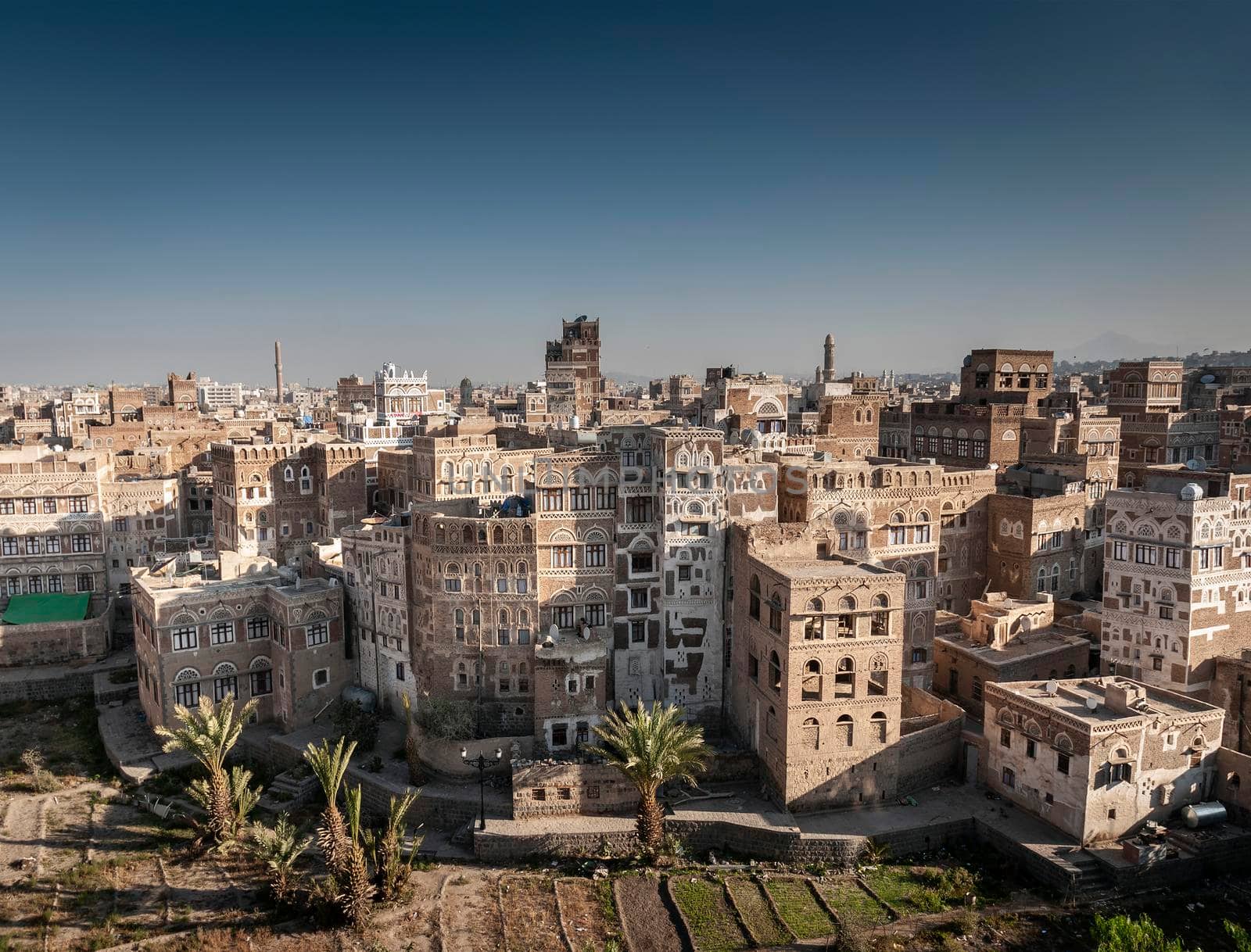 view of  downtown sanaa city old town traditional arabic architecture skyline in yemen