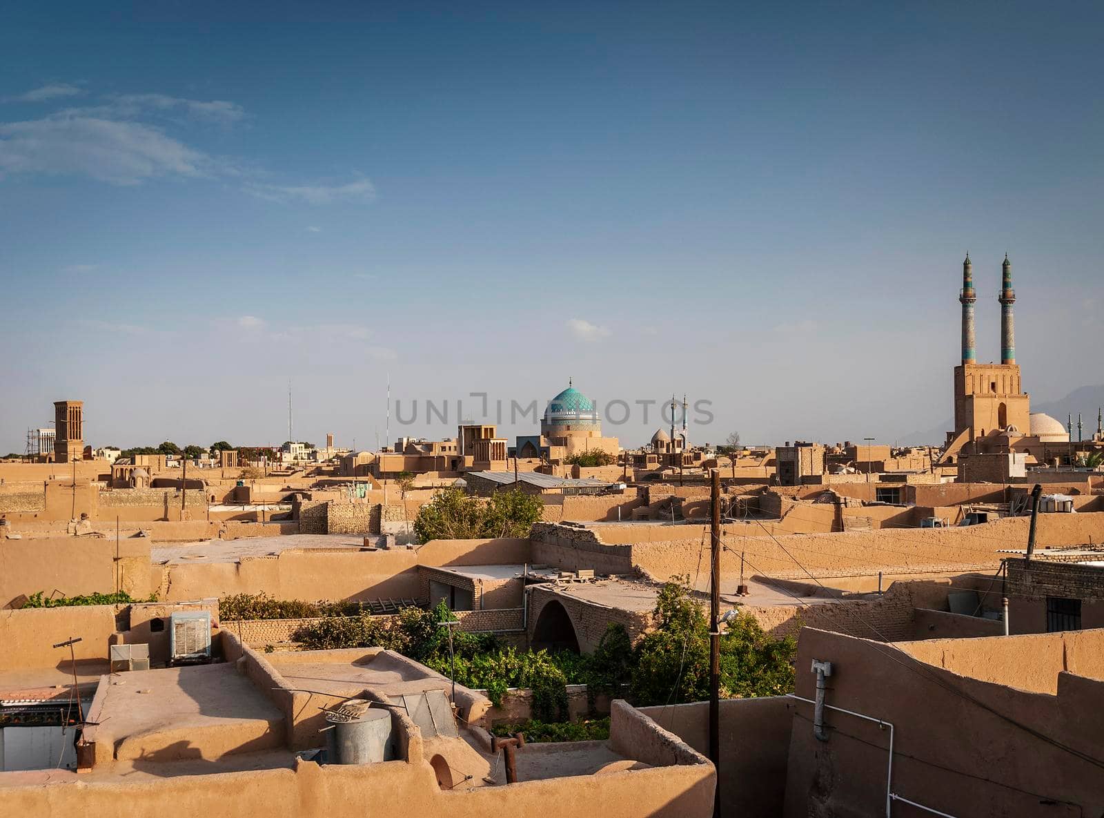 rooftops downtown mosque and landscape view of yazd city old town in iran