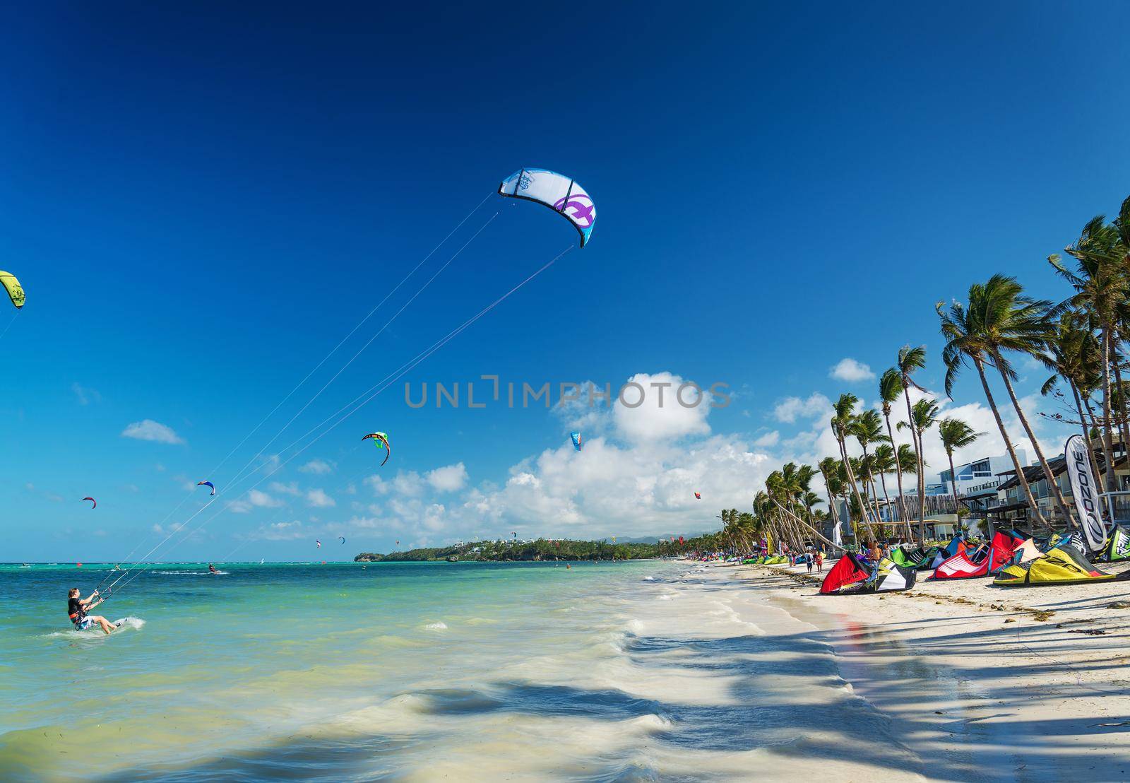 kite surfing on tropical bolabog beach in boracay philippines