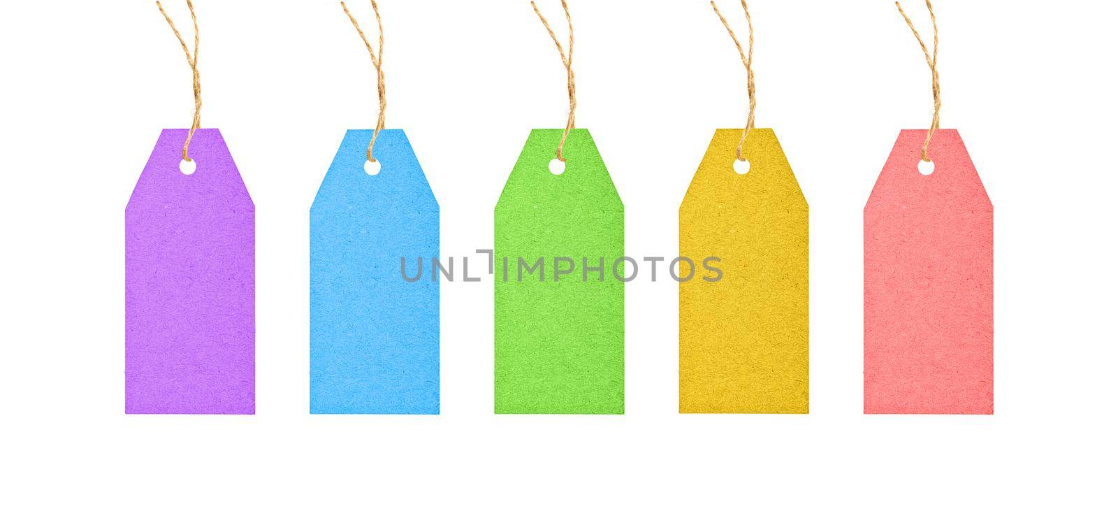 Set of colorful multicolor blank paper label tags hanging on twine strings isolated on white background