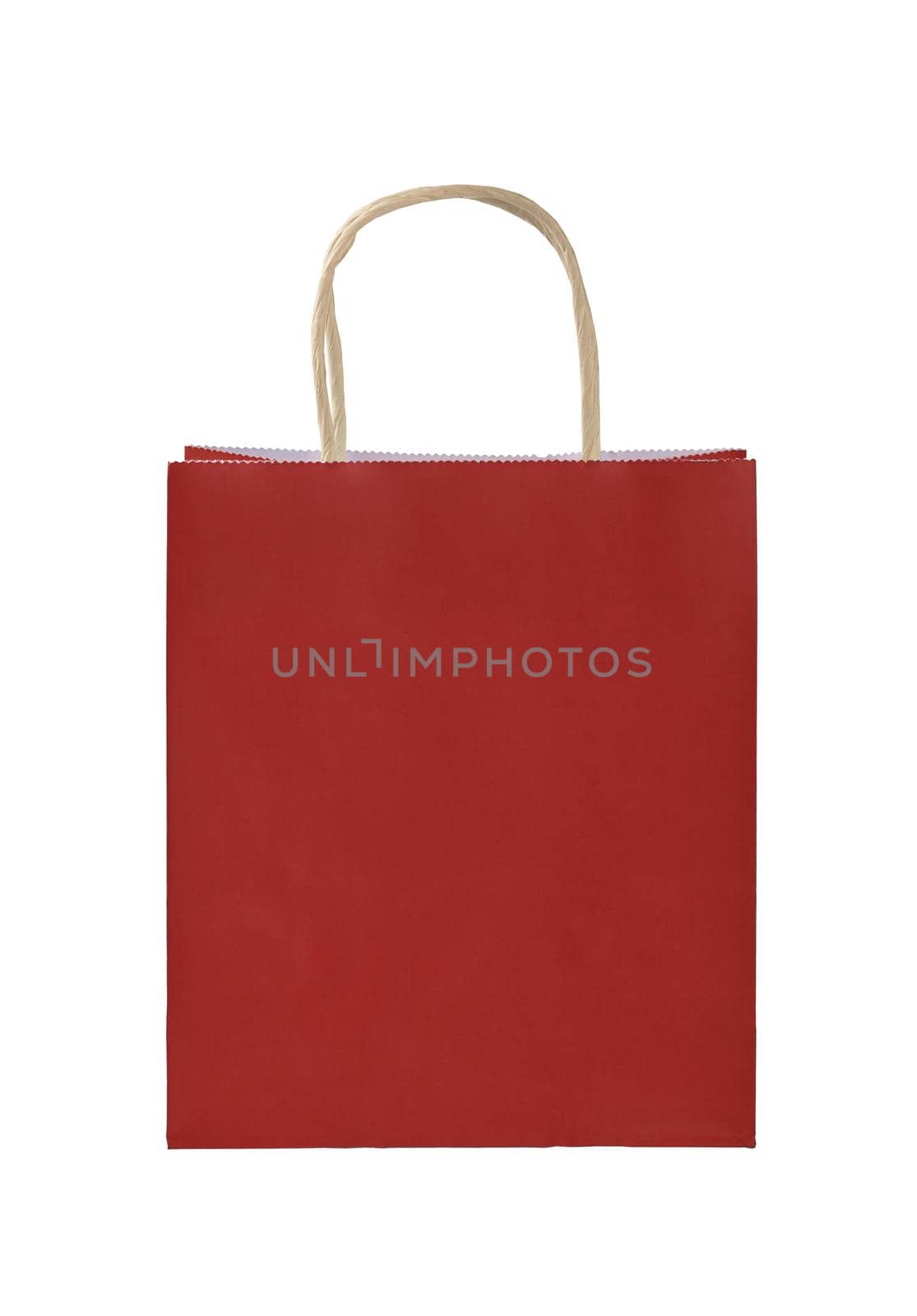 Close up one natural red paper shopping or gift bag isolated on white, low angle front view