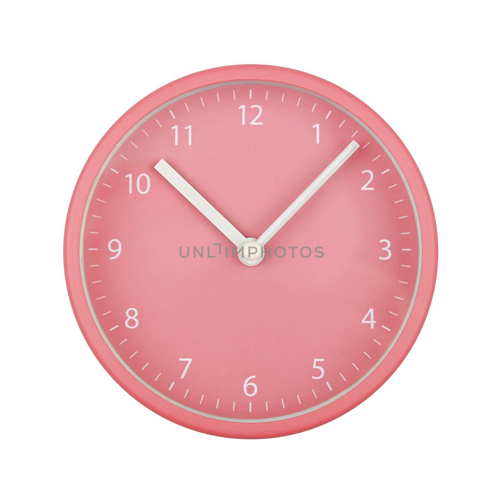Close up pastel pink wall clock face dial with Arabic numerals, hour and minute hands isolated on white background