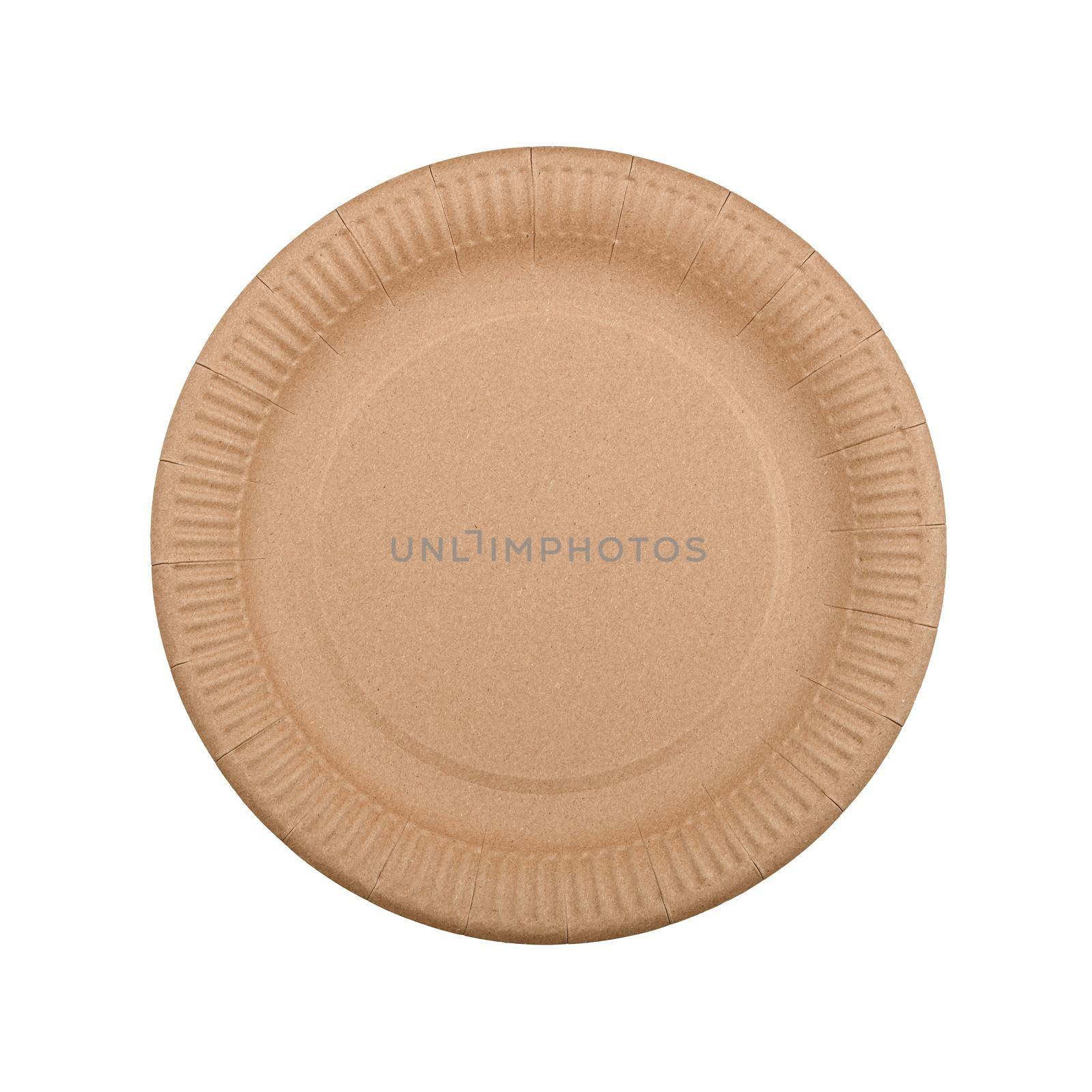 Close up one round disposable brown paper plate isolated on white background, elevated top view, directly above