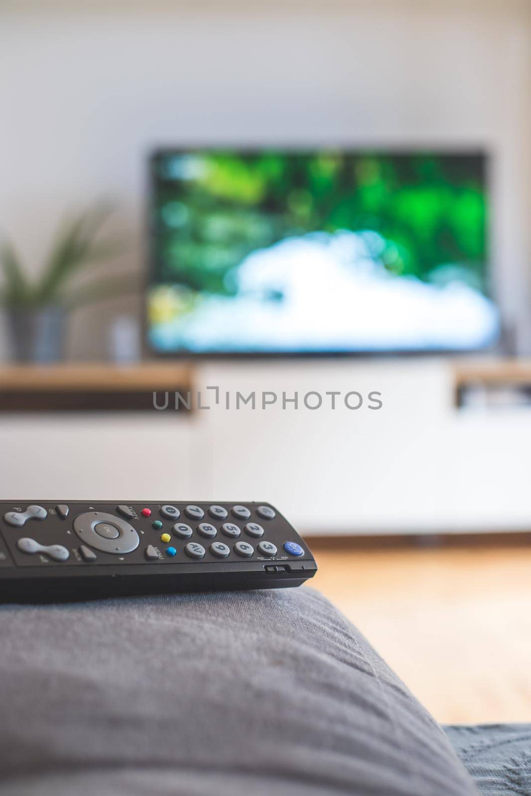 TV remote control in the foreground, tv in the blurry background. Streaming.