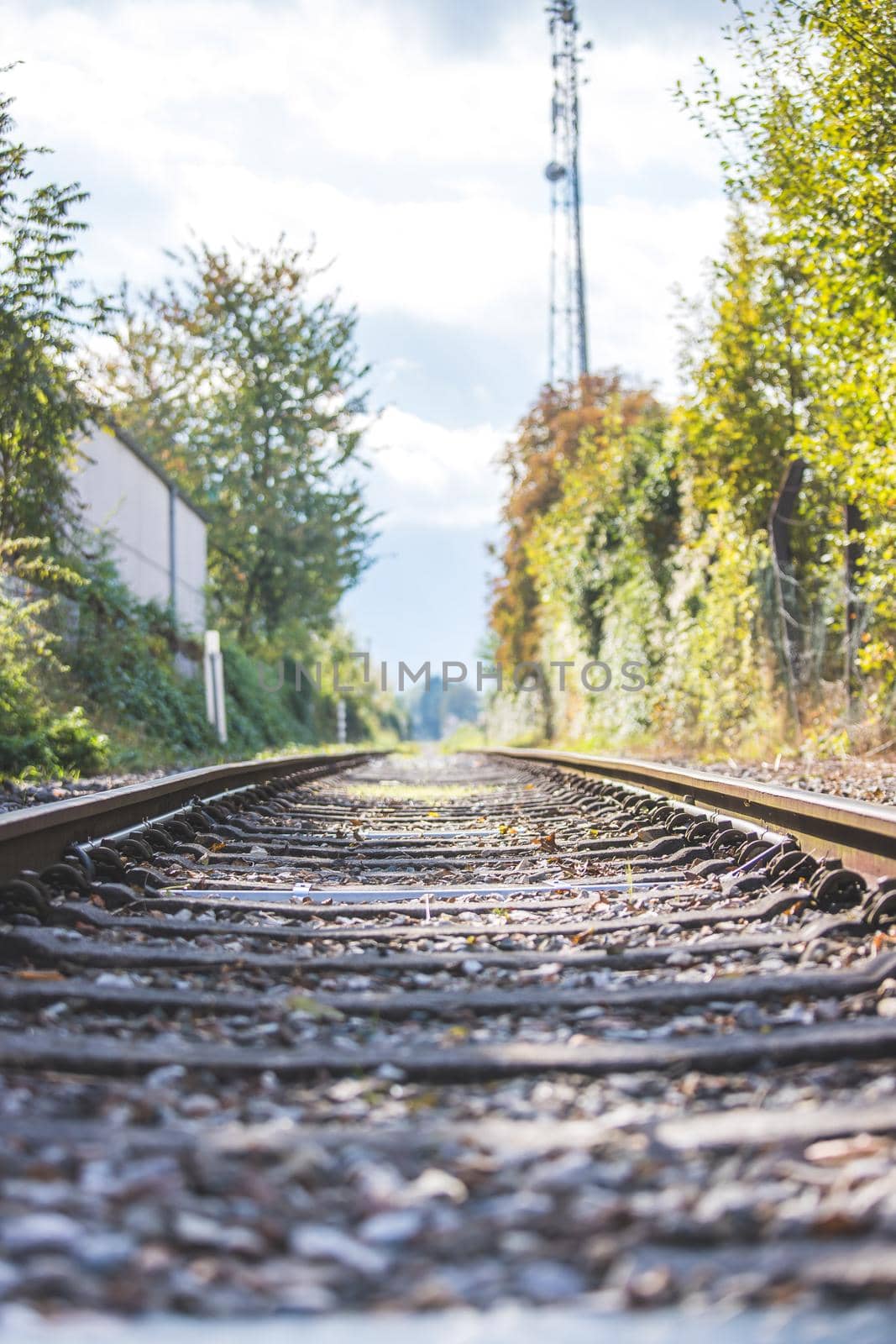 Landscape of an old abandoned railway in fall. Warm light, sustainable traveling