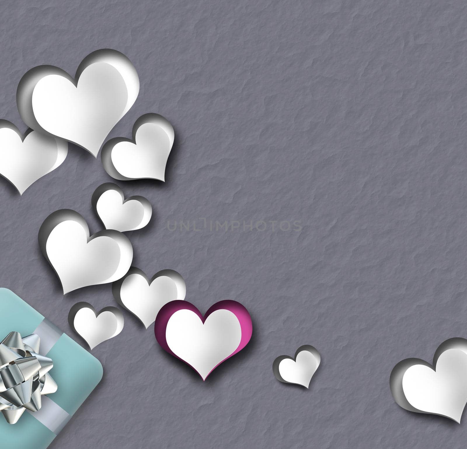 Elegant modern unusual love card, paper hearts, gift box on grey pastel background. 3D illustration. Romantic template for wedding, invitation, Valentine's card
