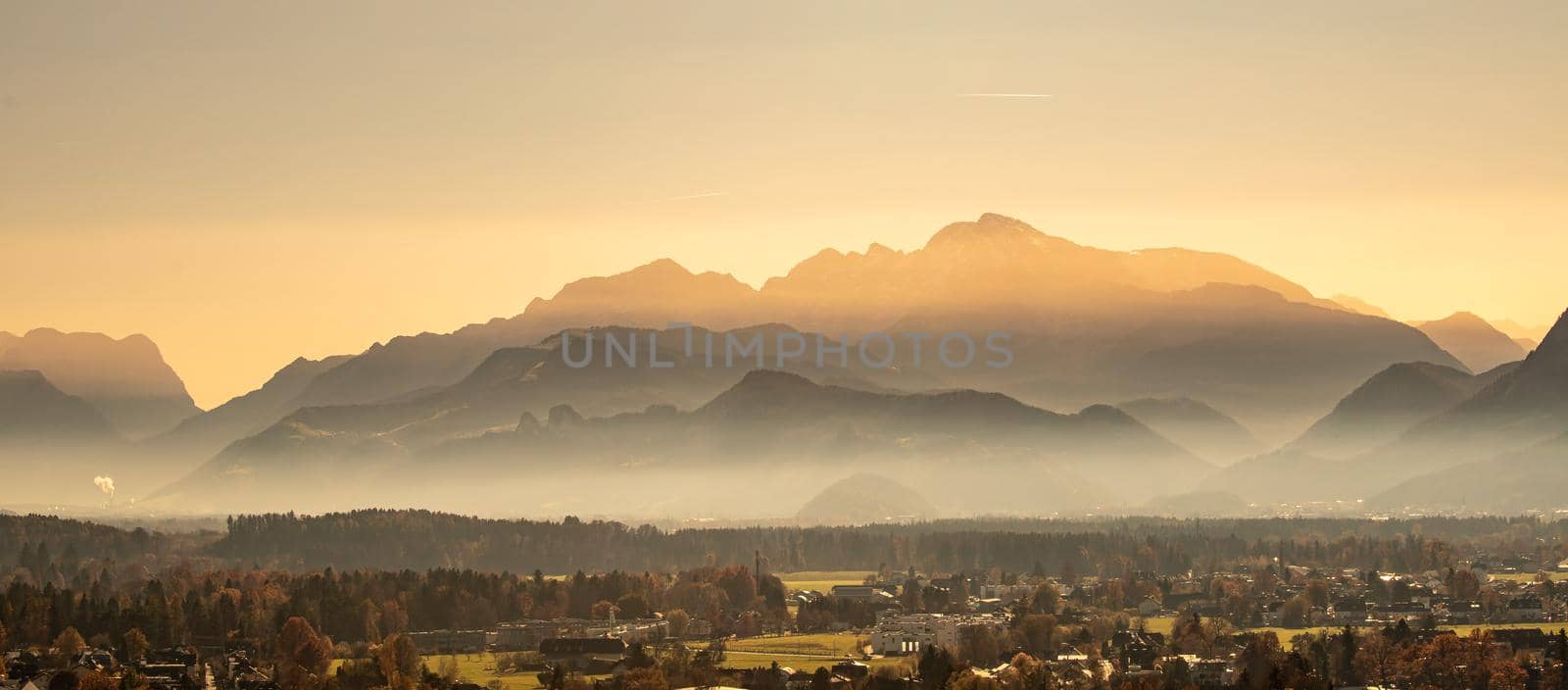 Silhouette of mountains chain in the evening, Austria by Daxenbichler