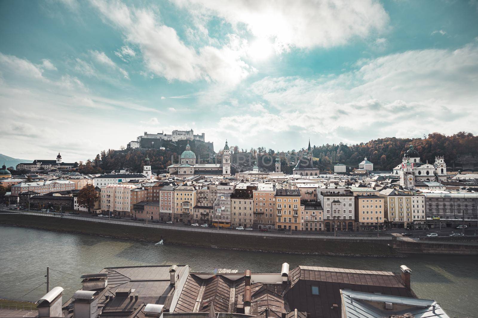 Salzburg historic district at autumn time, colorful leaves and colors with sunshine, Austria