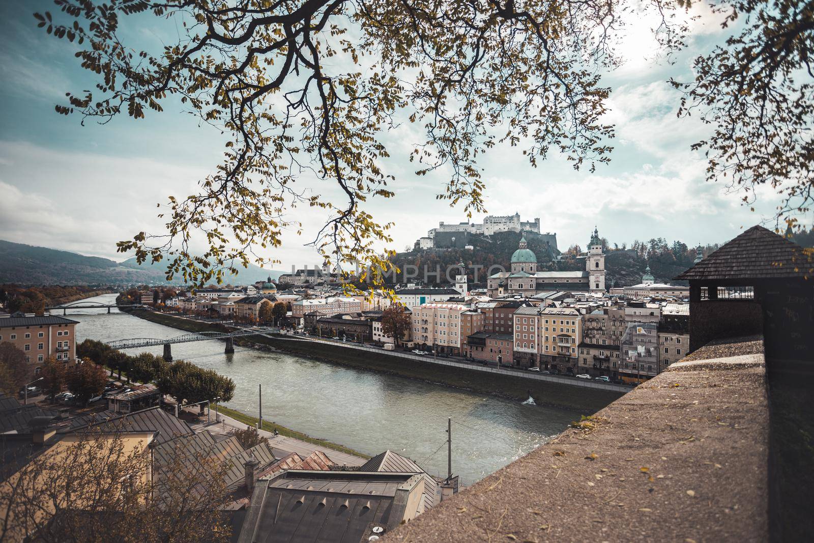 Salzburg historic district at autumn time, colorful leaves and colors with sunshine, Austria