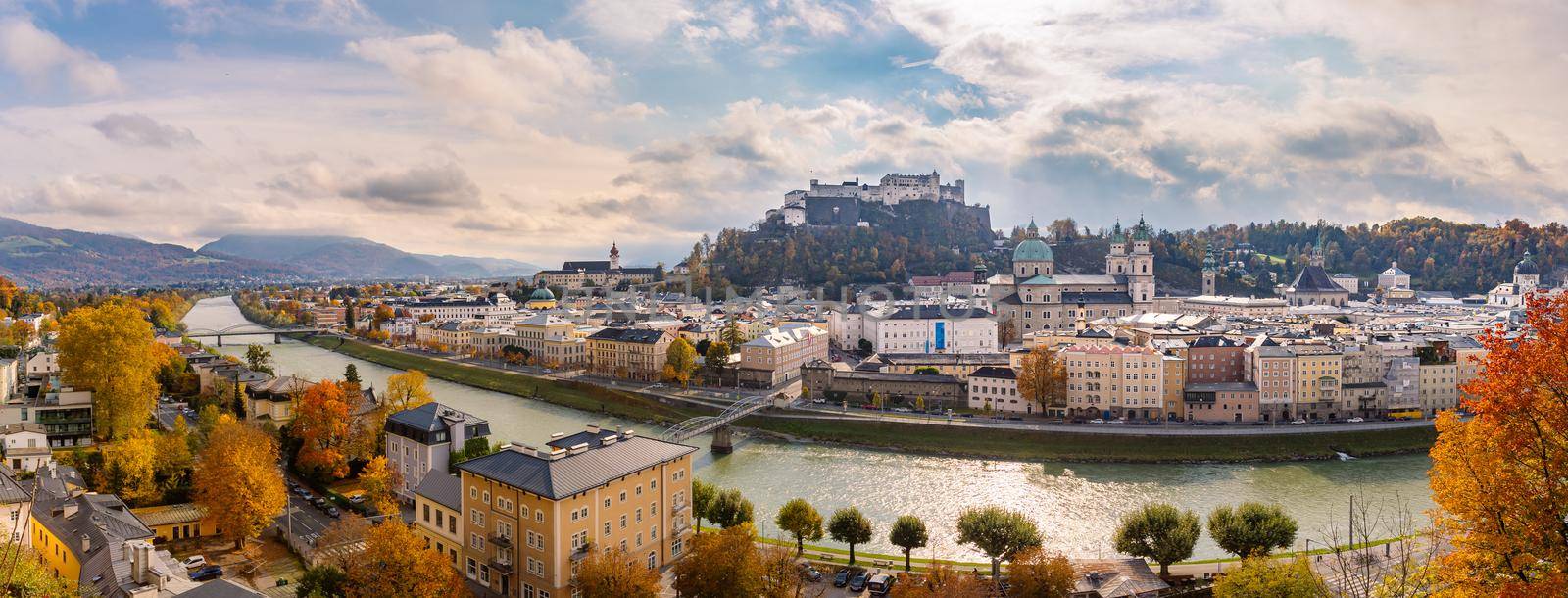 Salzburg old city in autumn, colorful sunshine, Austria. Panorama by Daxenbichler