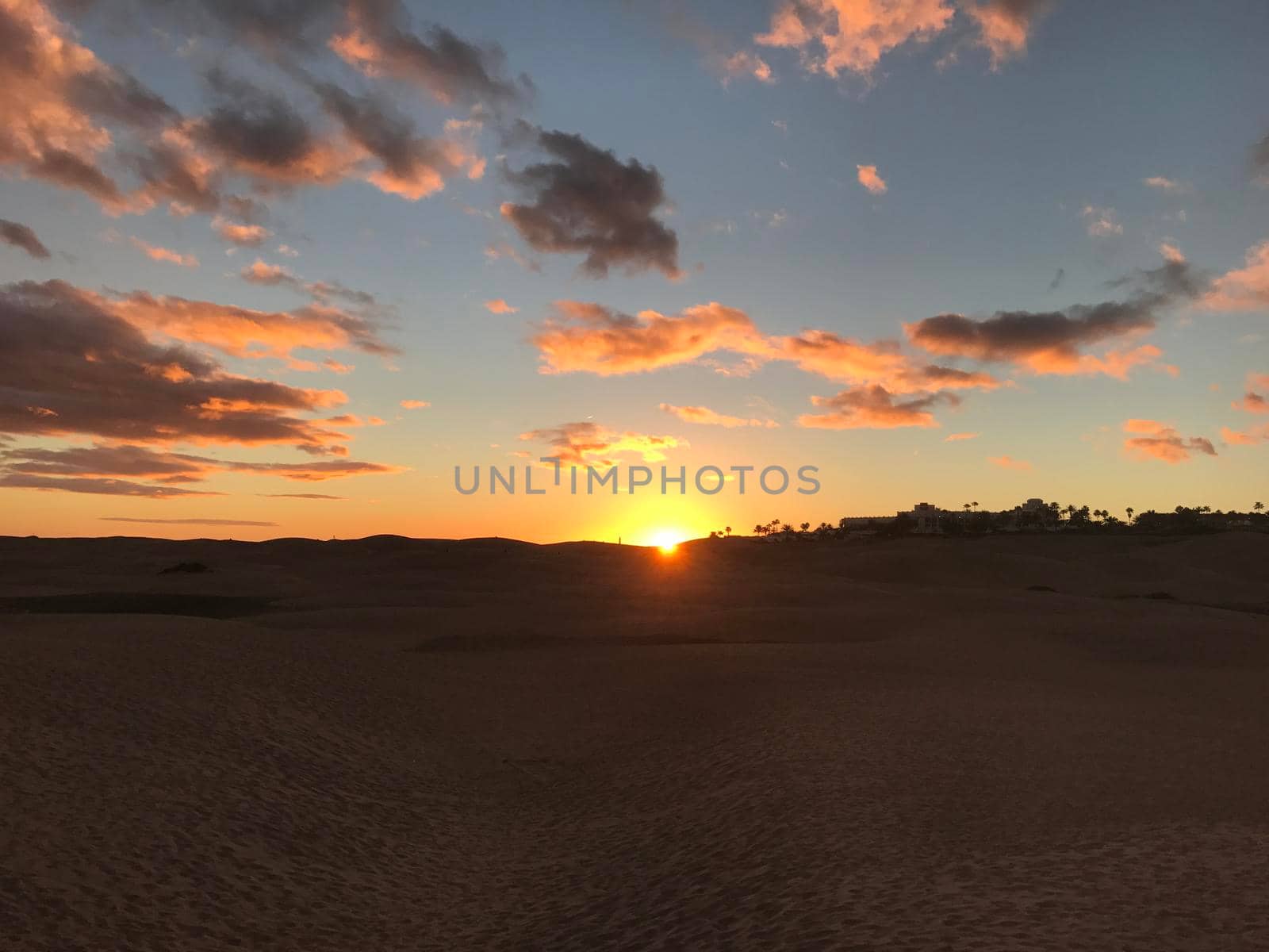 Sunset at the sand dunes in Maspalomas Gran Canaria