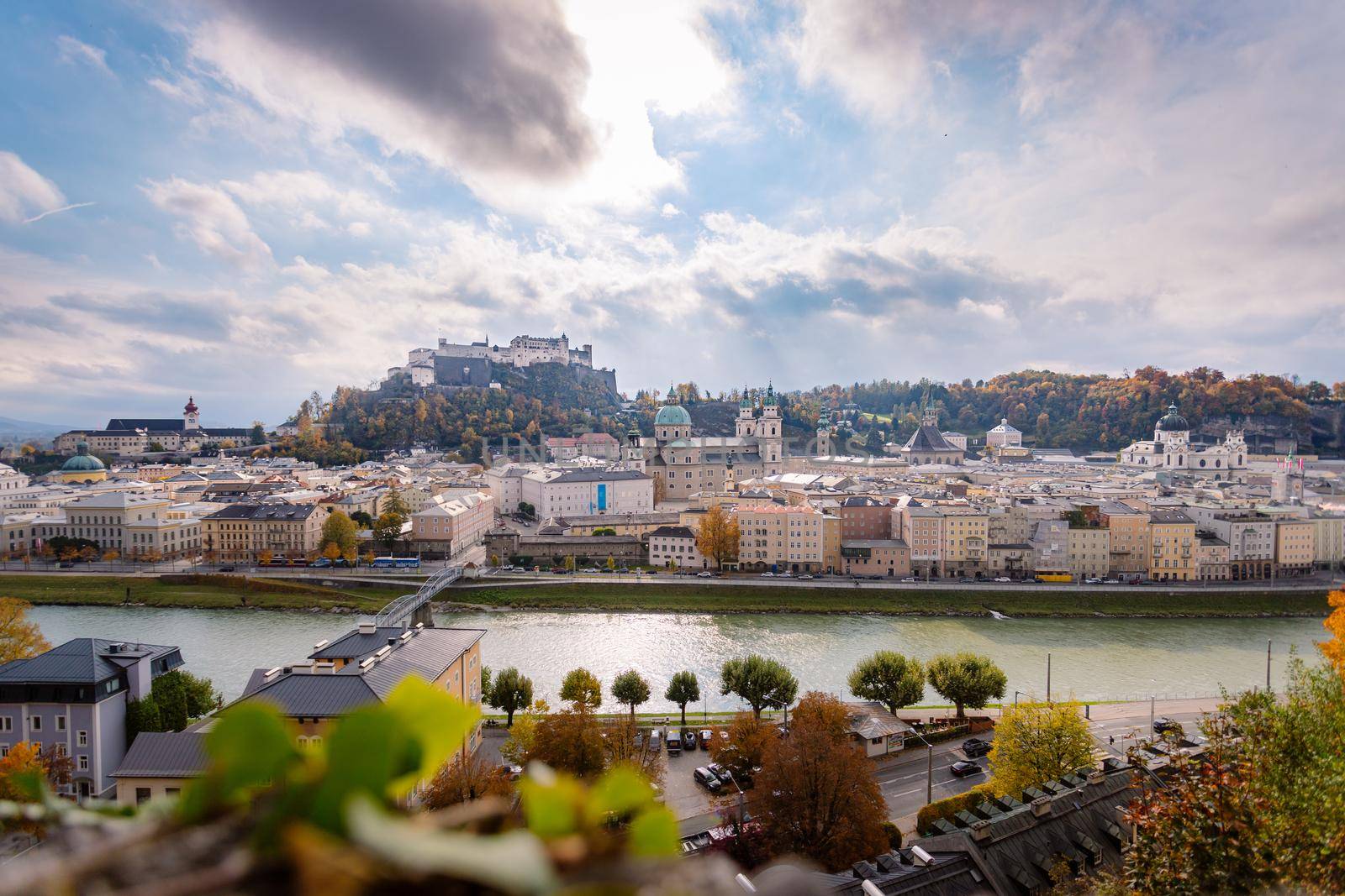 Salzburg historic district at autumn time, colorful leaves and colors with sunshine, Austria