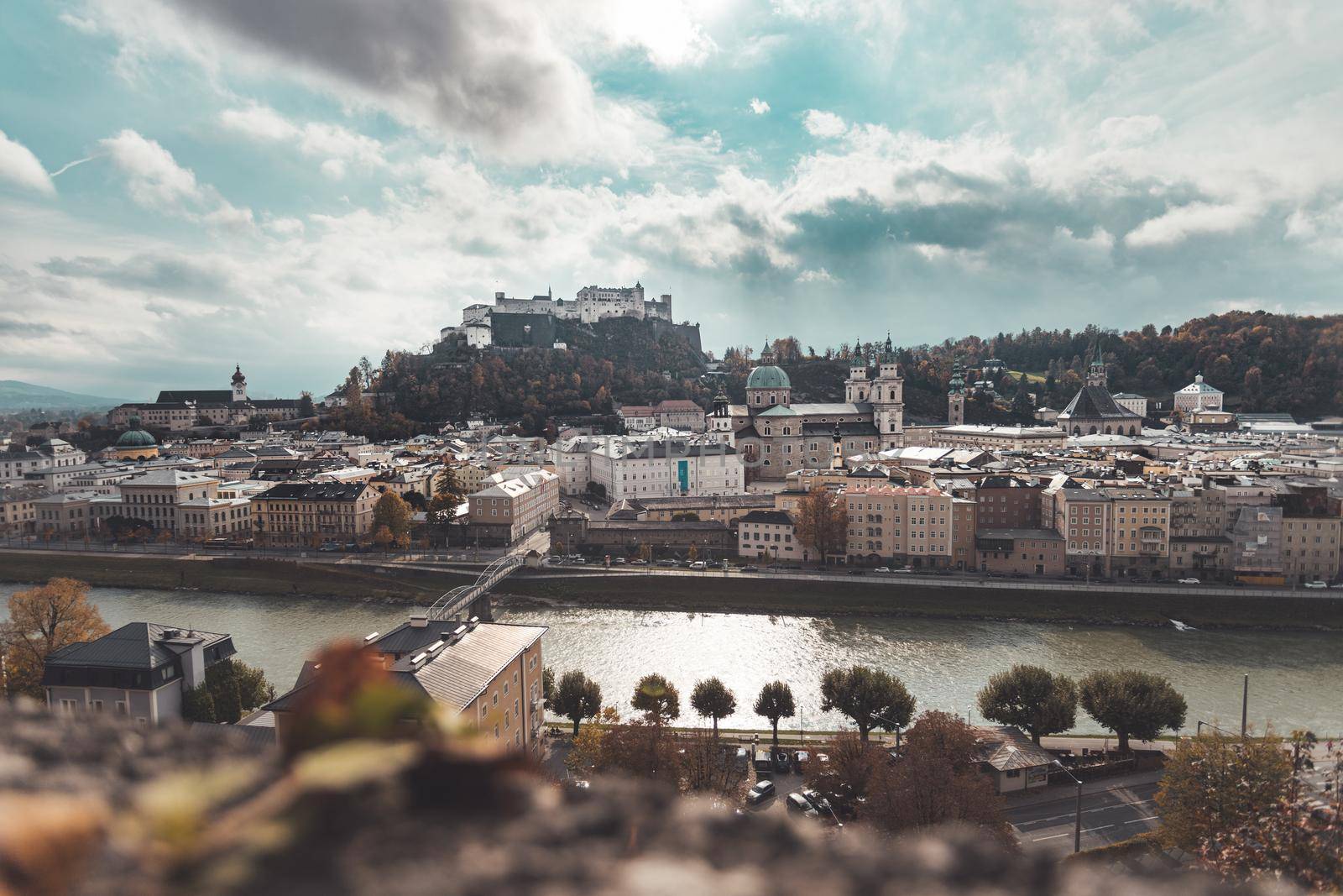Salzburg historic district at autumn time, colorful leaves and colors with sunshine, Austria