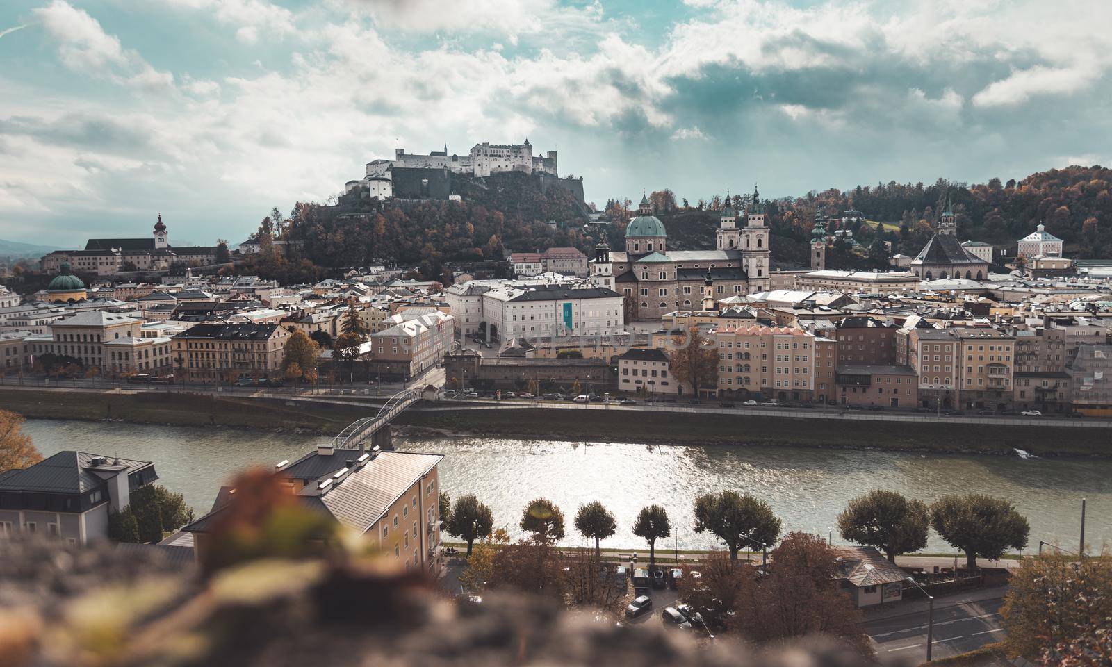 Salzburg historic district at autumn time, colorful leaves and colors with sunshine, Austria