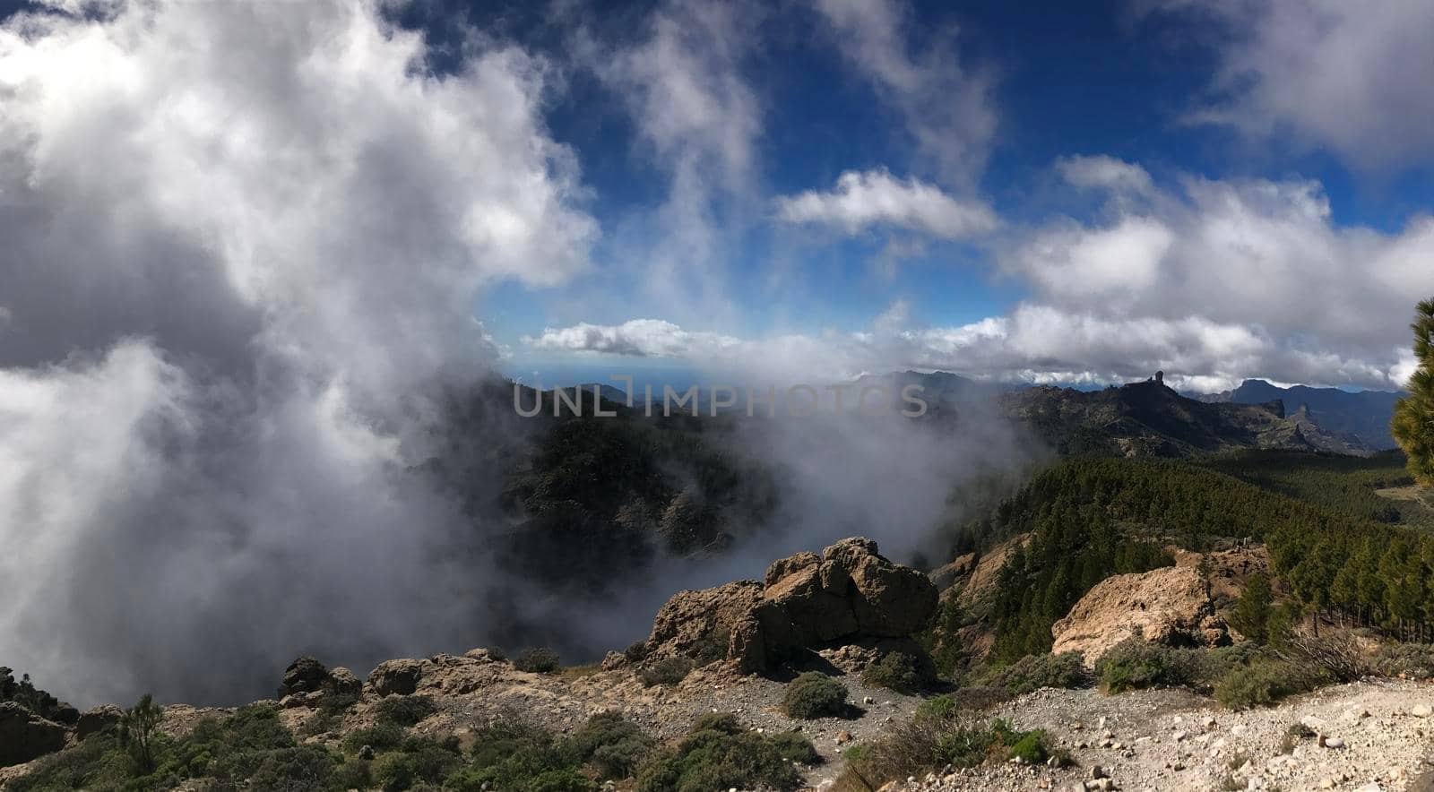 Panorama from clouds at Pico de las Nieves the highest peak of the island of Gran Canaria