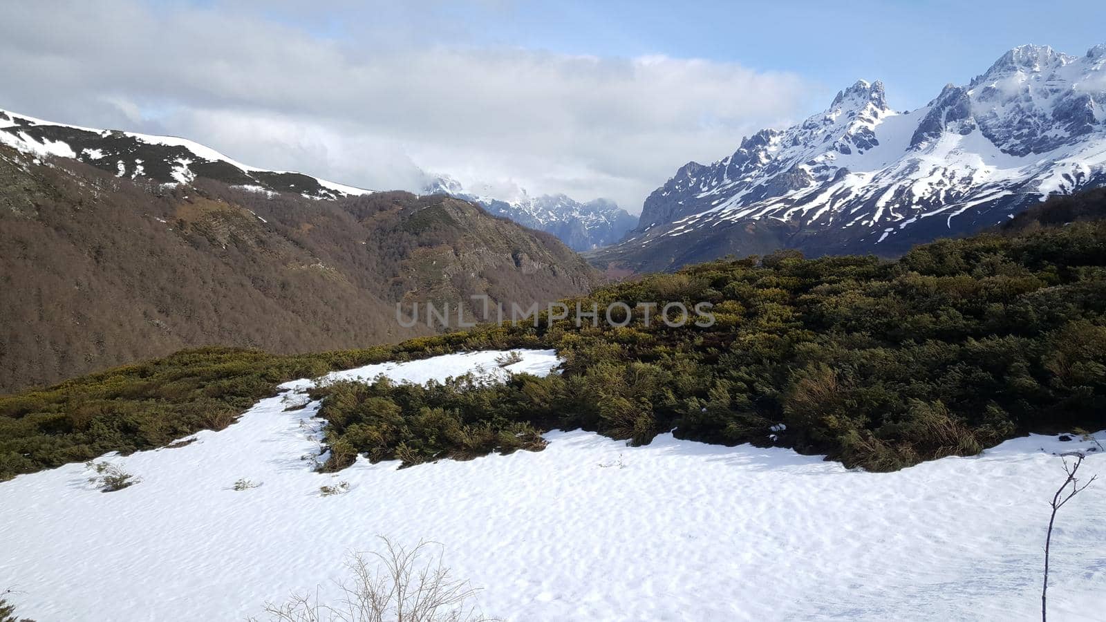 Snowy mountain landscape at Parque Nacional de Los Picos de Europa in Spain