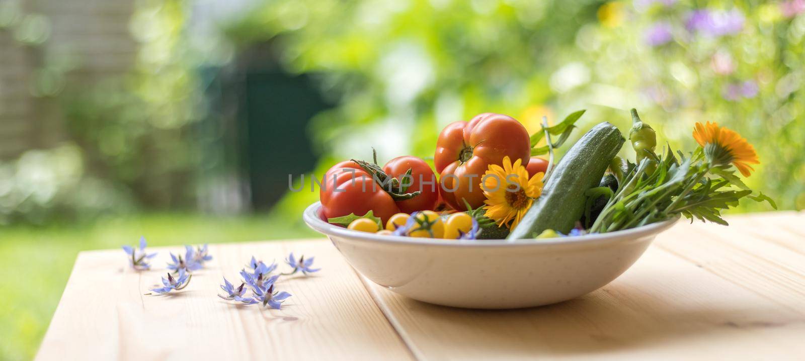 Fresh colorful vegetables in a bowl, raised in the own garden. Tomatoes, zucchini, flowers and herbs.