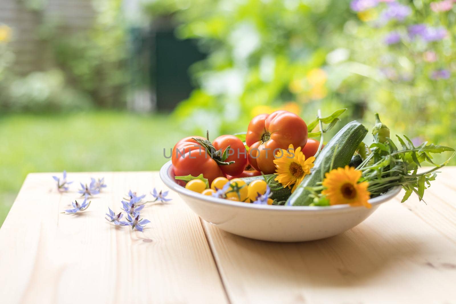 Fresh colorful vegetables in a bowl, raised in the own garden. Tomatoes, zucchini, flowers and herbs.