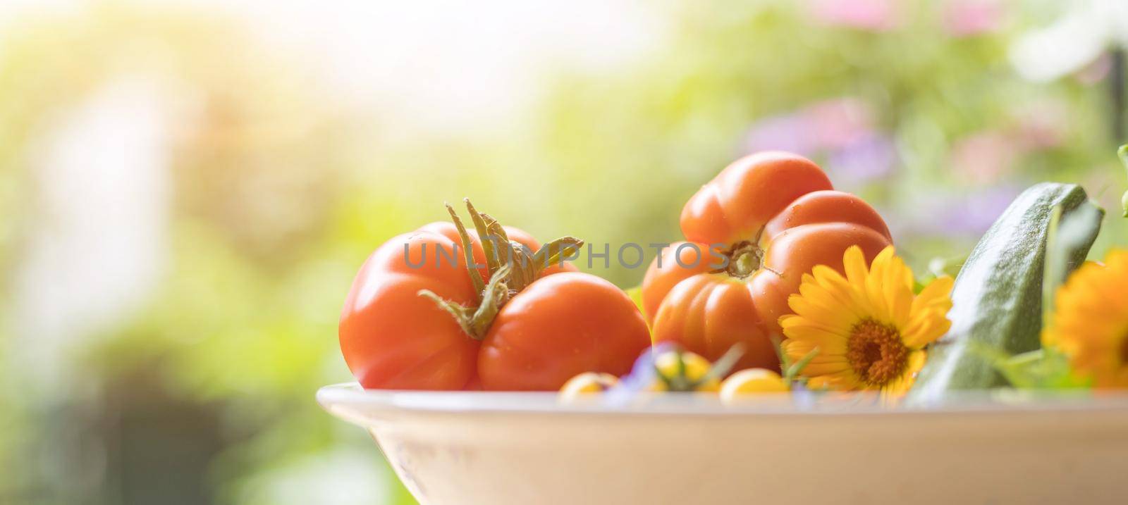 Fresh colorful vegetables in a bowl, raised in the own garden. Tomatoes, zucchini, flowers and herbs.