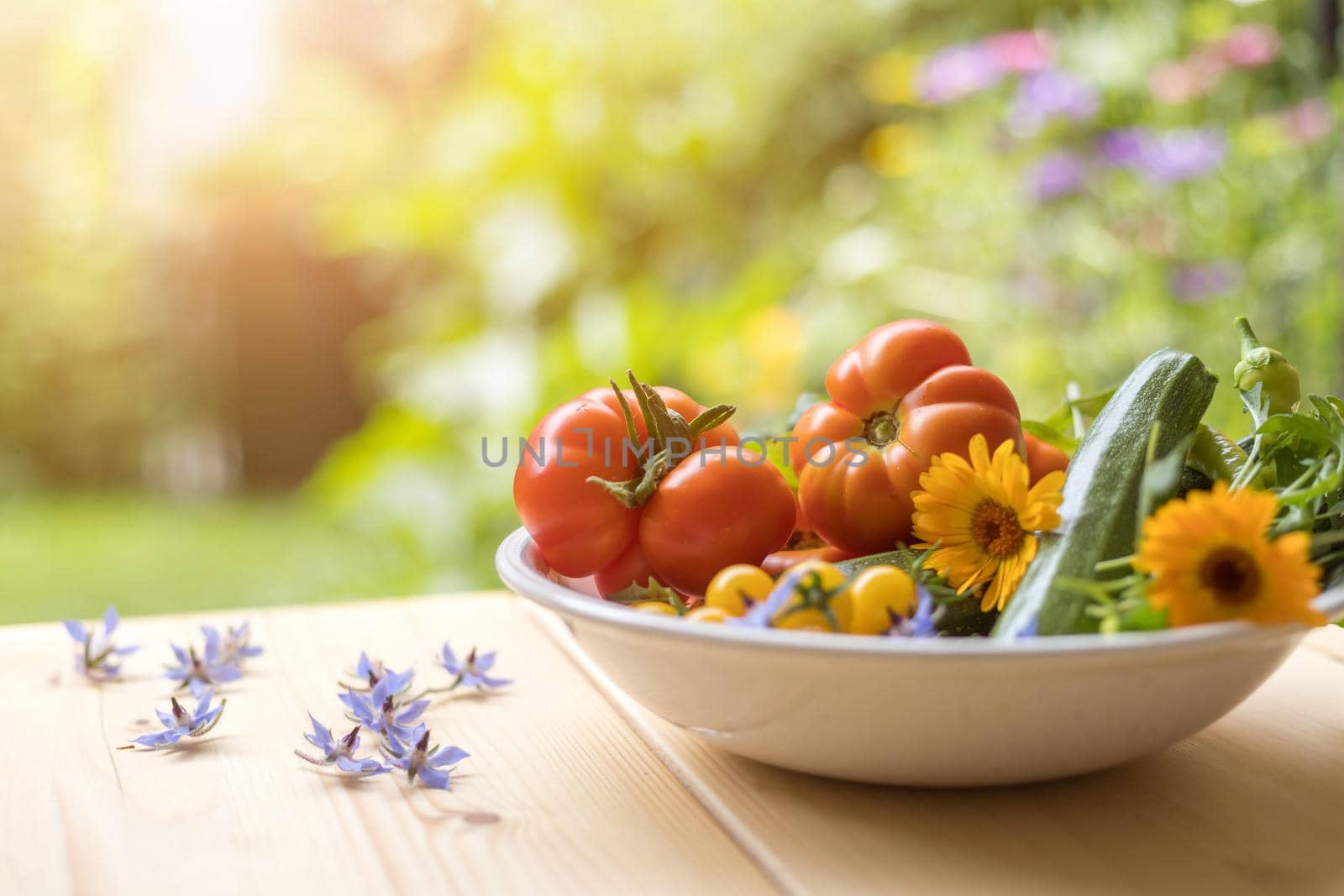 Fresh colorful vegetables in a bowl, raised in the own garden. Tomatoes, zucchini, flowers and herbs.