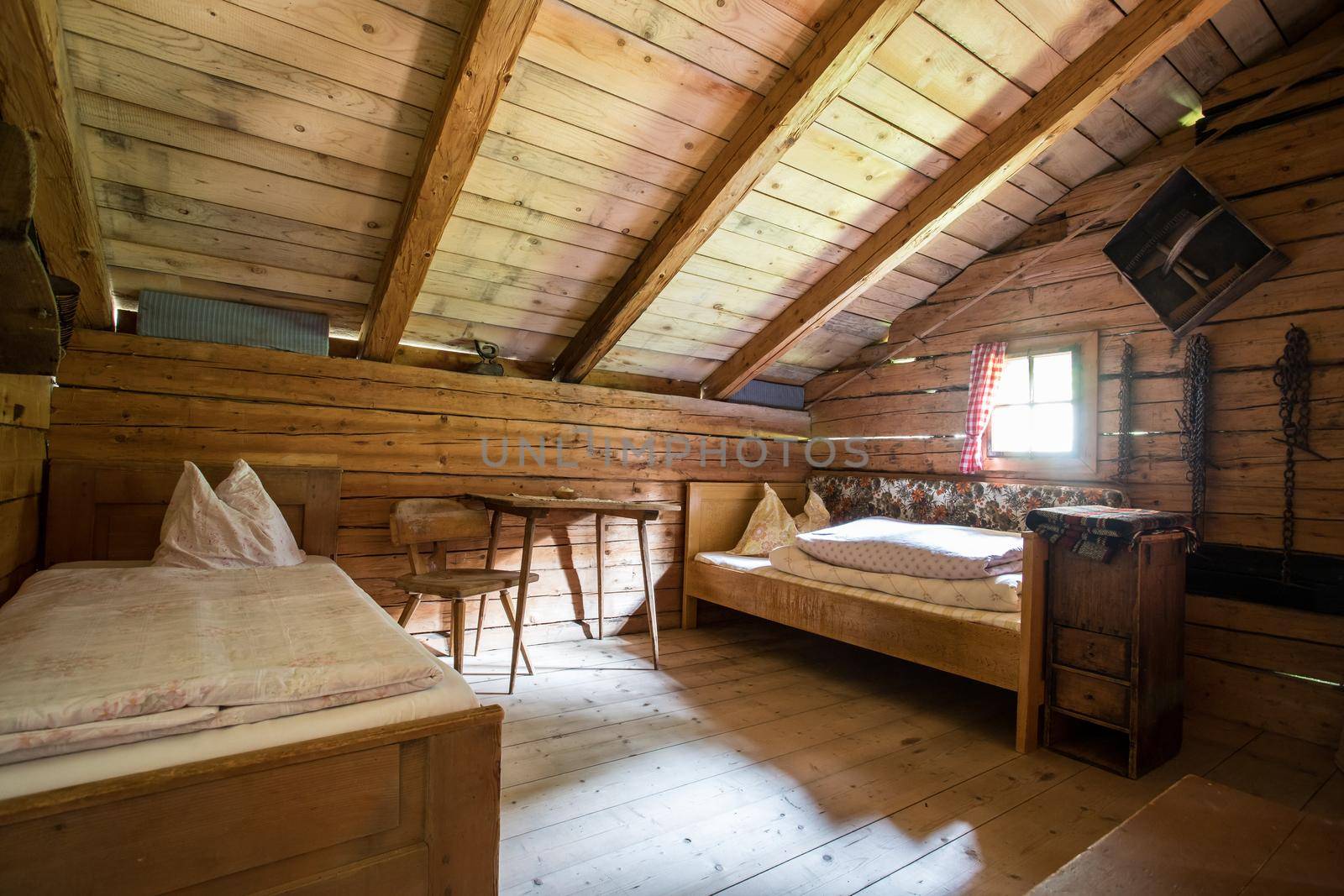 Inside of a rustic wooden alpine hut or cabin, Austria