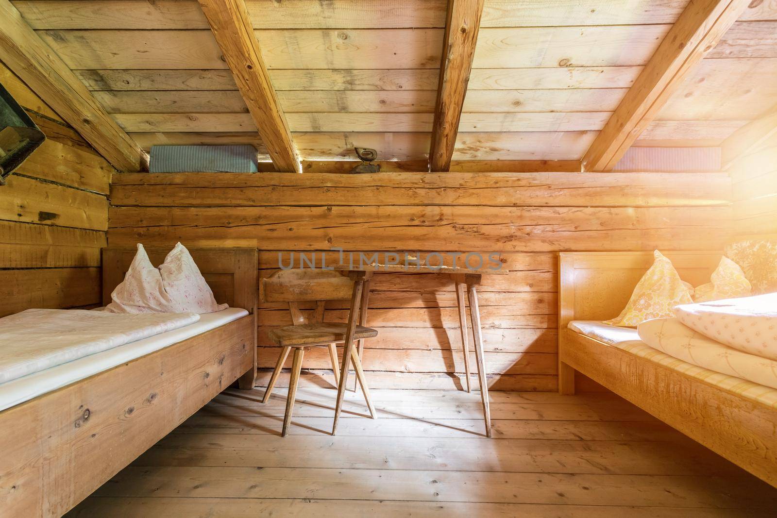 Inside of a rustic wooden alpine hut or cabin, Austria