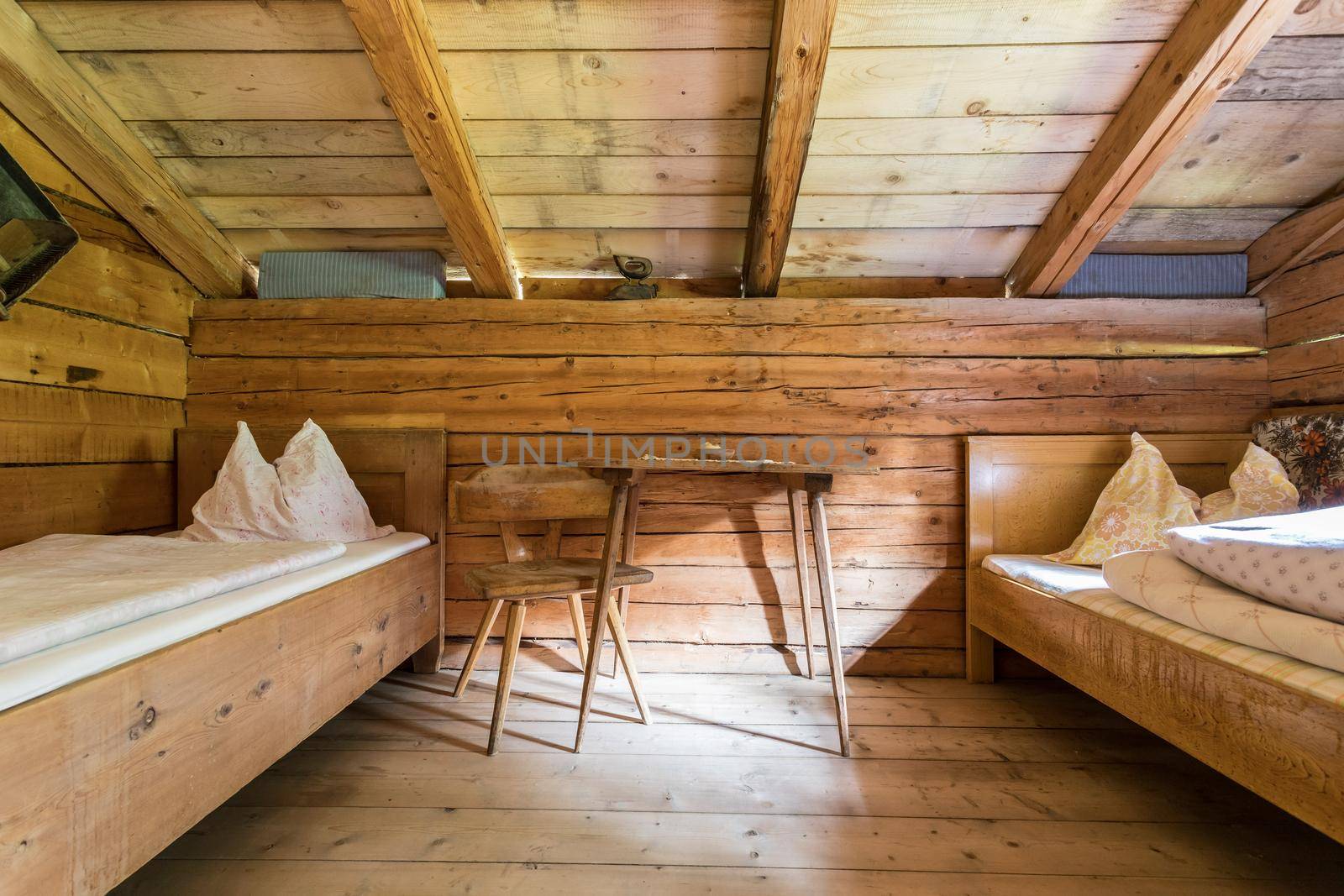 Inside of a rustic wooden alpine hut or cabin, Austria