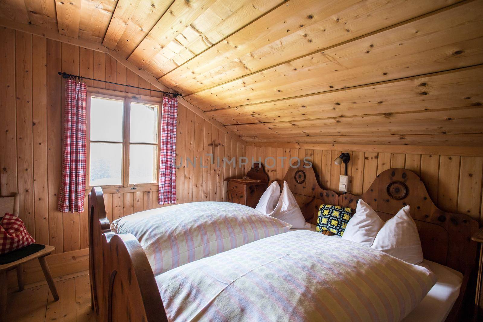 Inside of a rustic wooden alpine hut or cabin, Austria