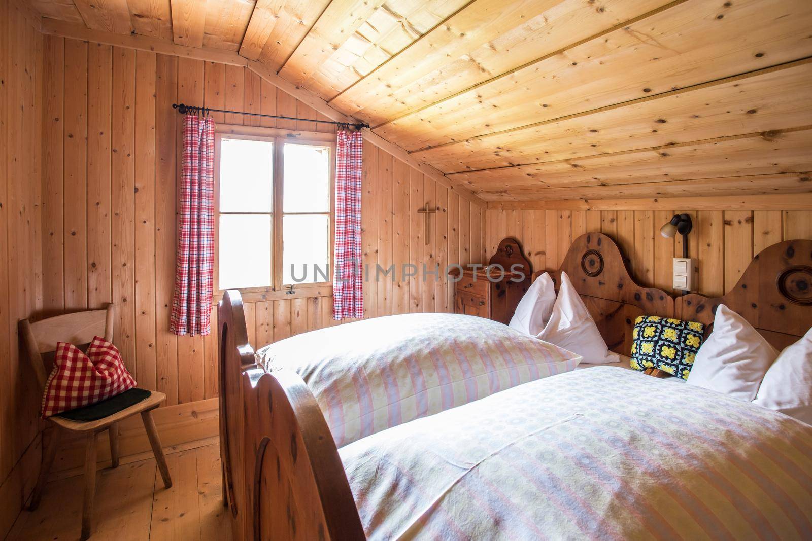 Inside of a rustic wooden alpine hut or cabin, Austria