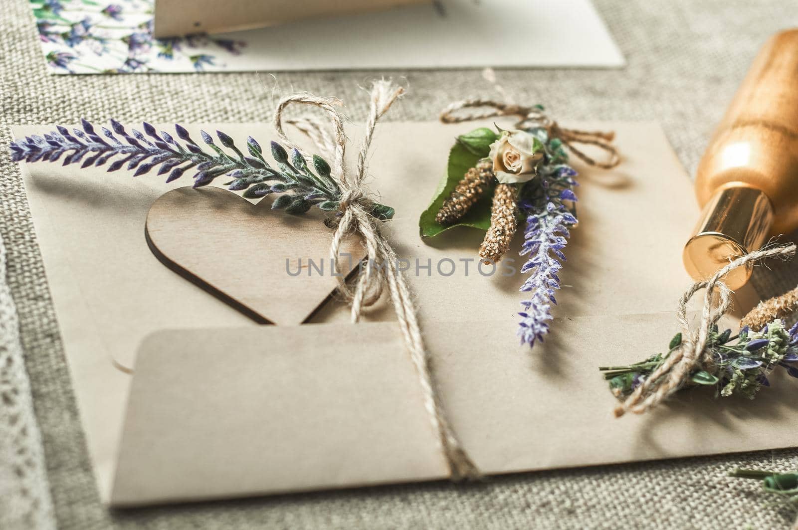 cards for lettering names blank, envelope on table with lavender  by ozornina