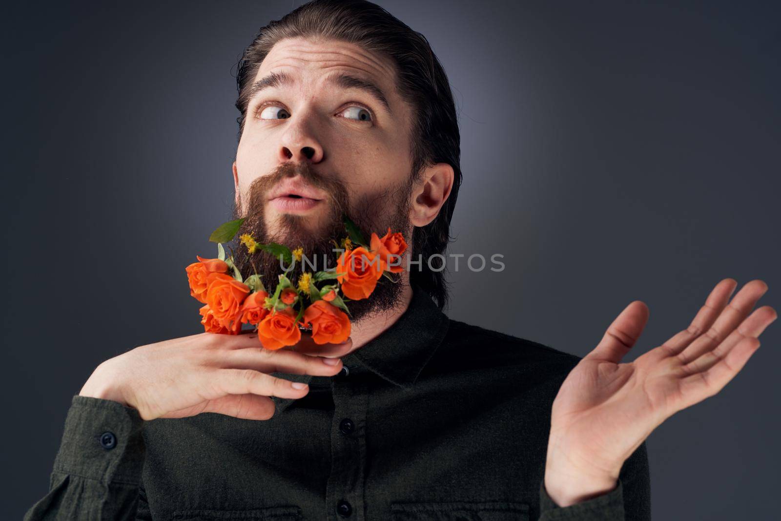 portrait of a man flowers in a beard decoration romance black background by SHOTPRIME