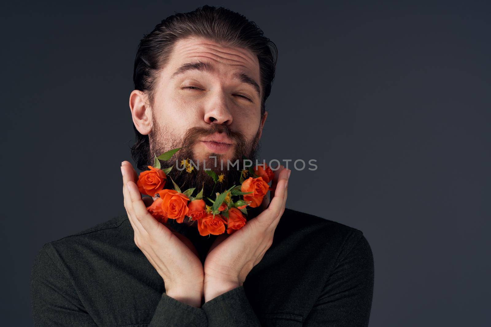 portrait of a man flowers in a beard decoration romance black background by SHOTPRIME