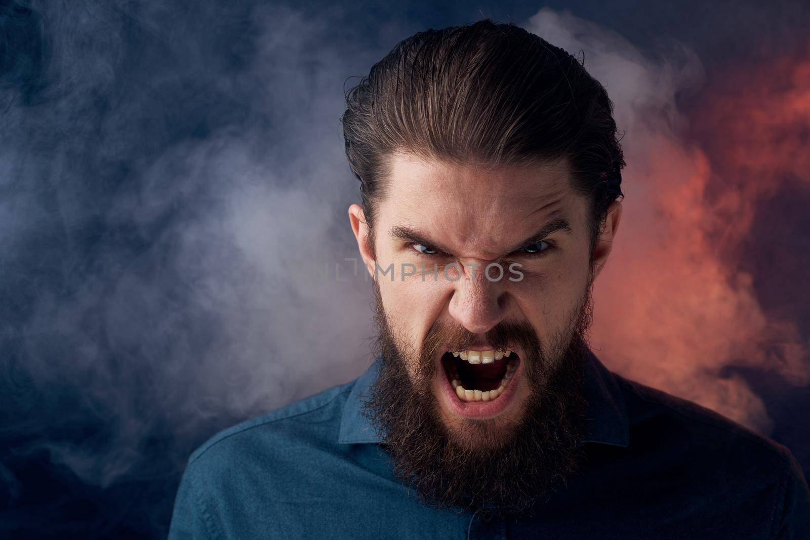 Emotional bearded man angry look shirt smoke in the background by SHOTPRIME