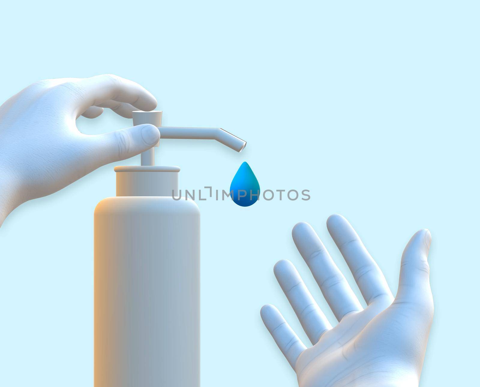 Hands using wash hand sanitizer dispenser. Human hands using Sanitizer in pump bottle, killing germs, bacteria, virus. Covid 19 protection, save lives. 3D illustration