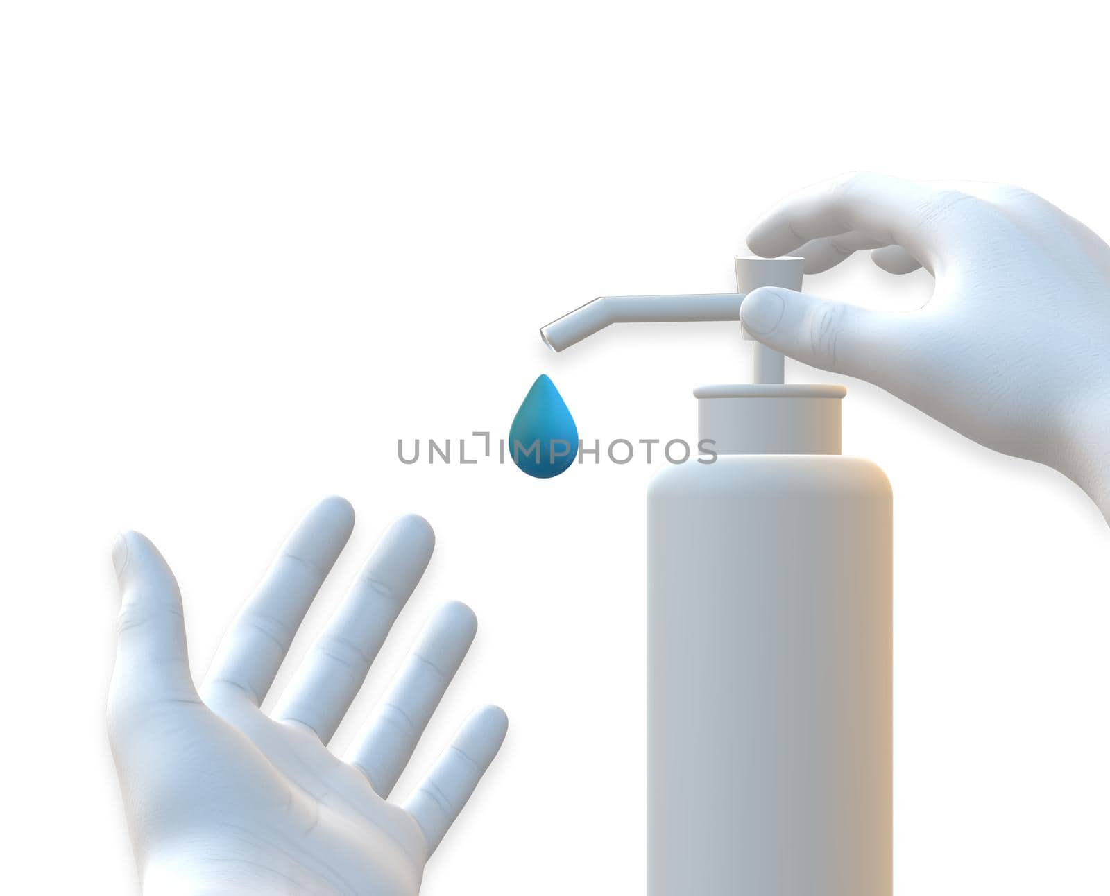 close-up hands using hand sanitizer dispenser . 3D illustration. isolated on white background