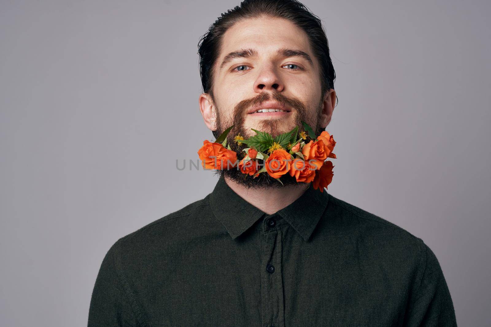 Elegant man black shirt flowers in a beard decoration romance attractive look by SHOTPRIME