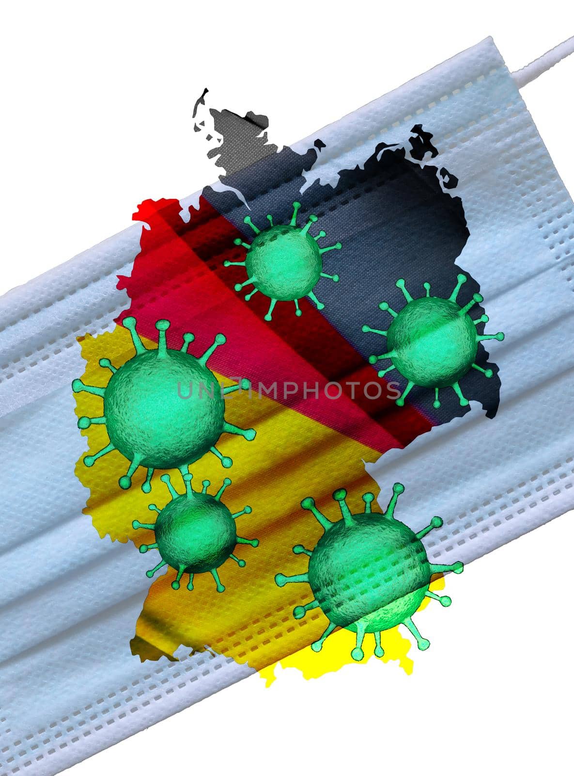 Lockdown. Germany map with light blue medical mask. No Ffp2 mask. Virus illustration