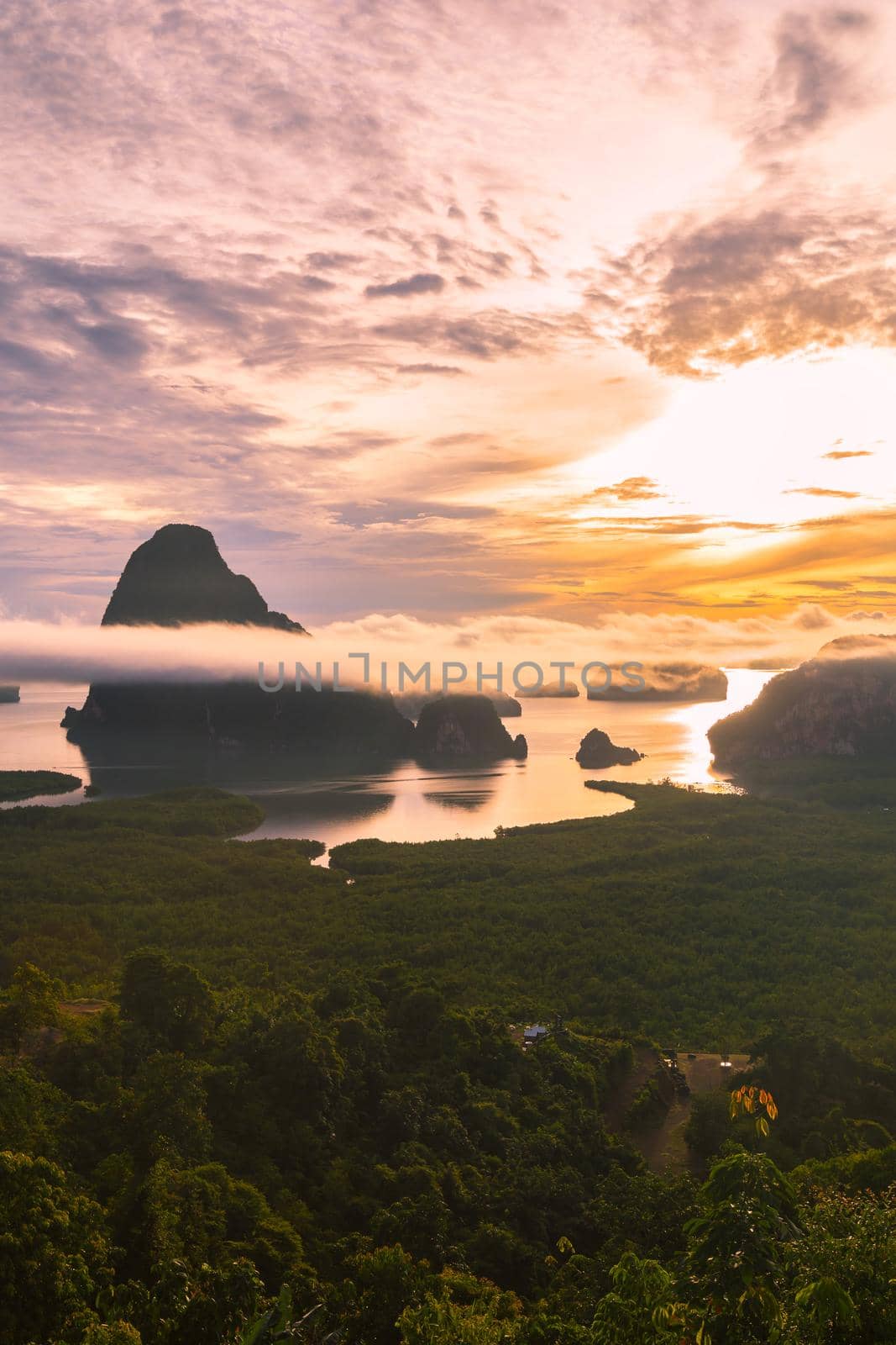 Silhouette of Phang Nga bay from Samet Nangshe viewpoint in the morning and beautiful island view while sunrise at Phang Nga province, Thailand