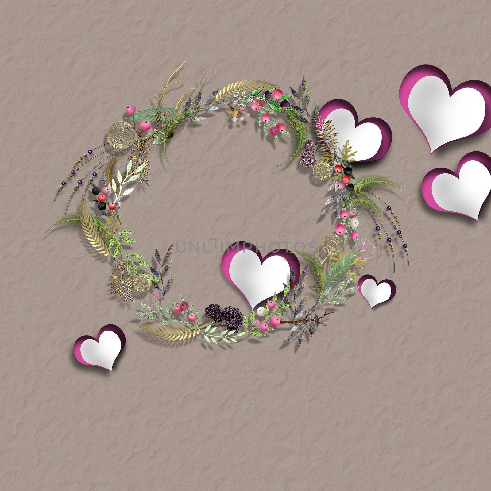 Pretty romantic pastel Valentine card. Paper hearts floral wreath. 3D render
