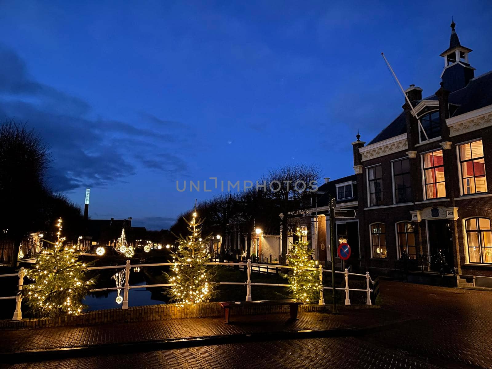 Bridge over a canal at night in IJlst Friesland The Netherlands