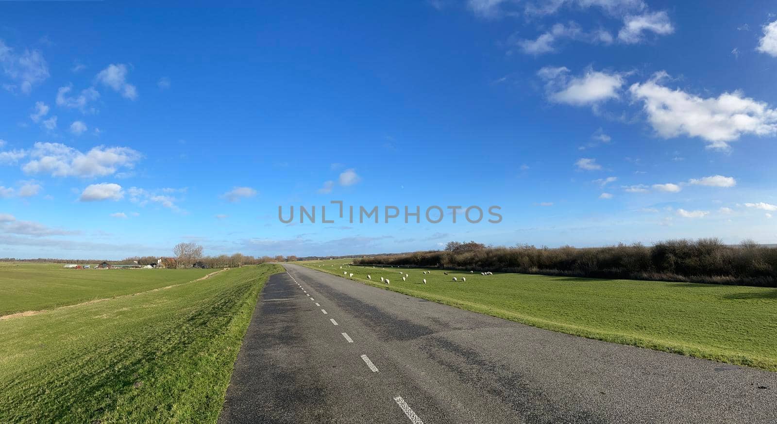 Panoramic from a road on a dyke around Laaksum in Friesland, The Netherlands