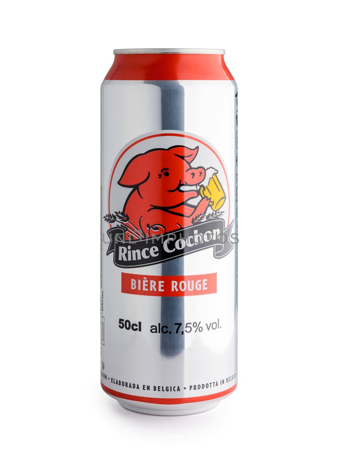 BAYONNE, FRANCE - CIRCA JANUARY 2021: A 50cl can of red Rince Cochon beer on white background. The red Rince Cochon is flavoured with red fruits, mainly cherries.