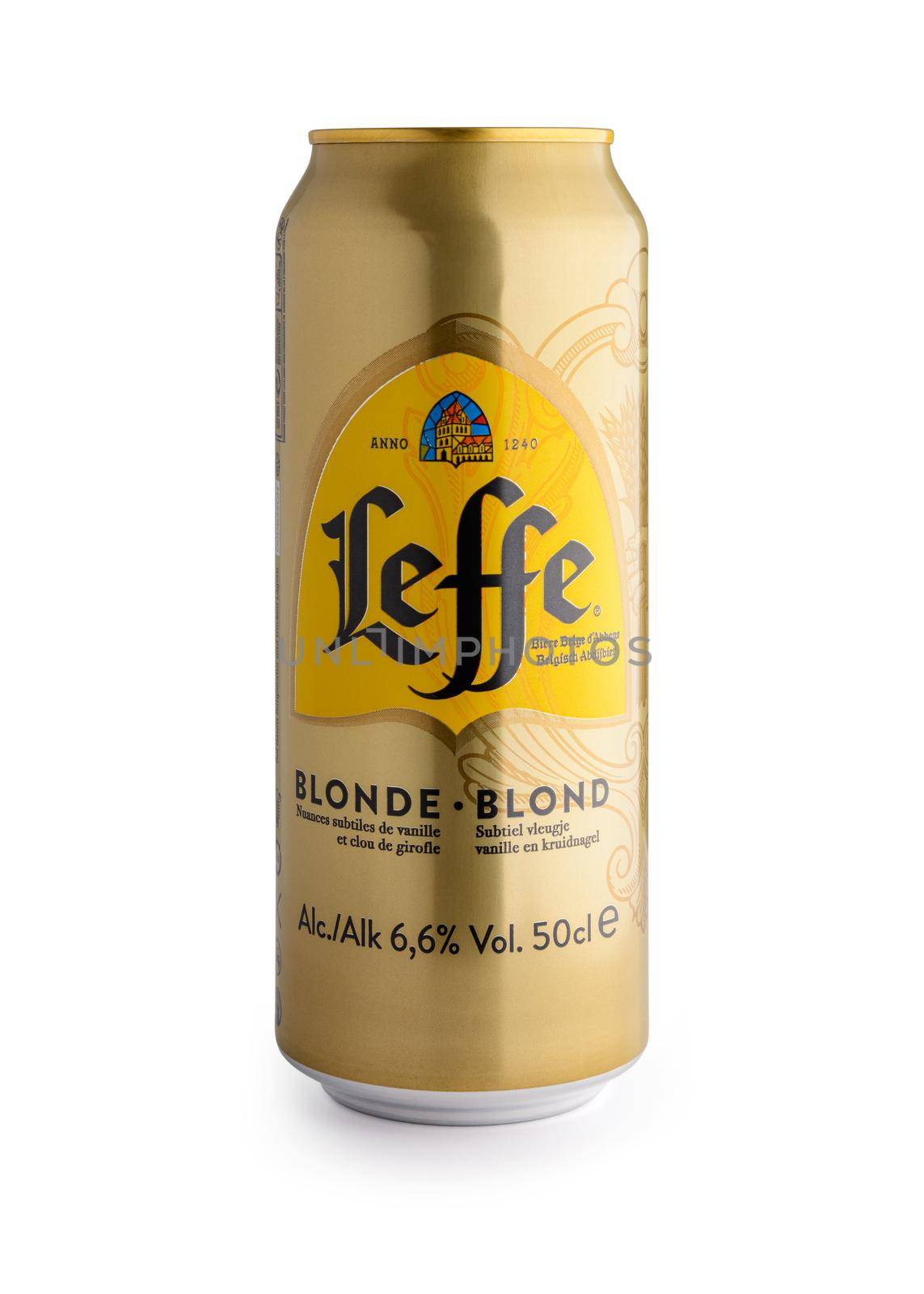BAYONNE, FRANCE - CIRCA JANUARY 2021: A 50cl can of Leffe beer on white background. Leffe is a Belgian beer brand and is owned by InBev Belgium.