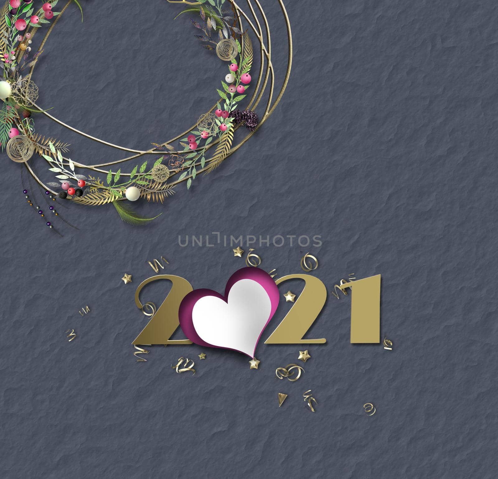 Valentines 2021 card, heart, floral wreath, 2021 on grey paper background. Beautiful love design. 3D illustration