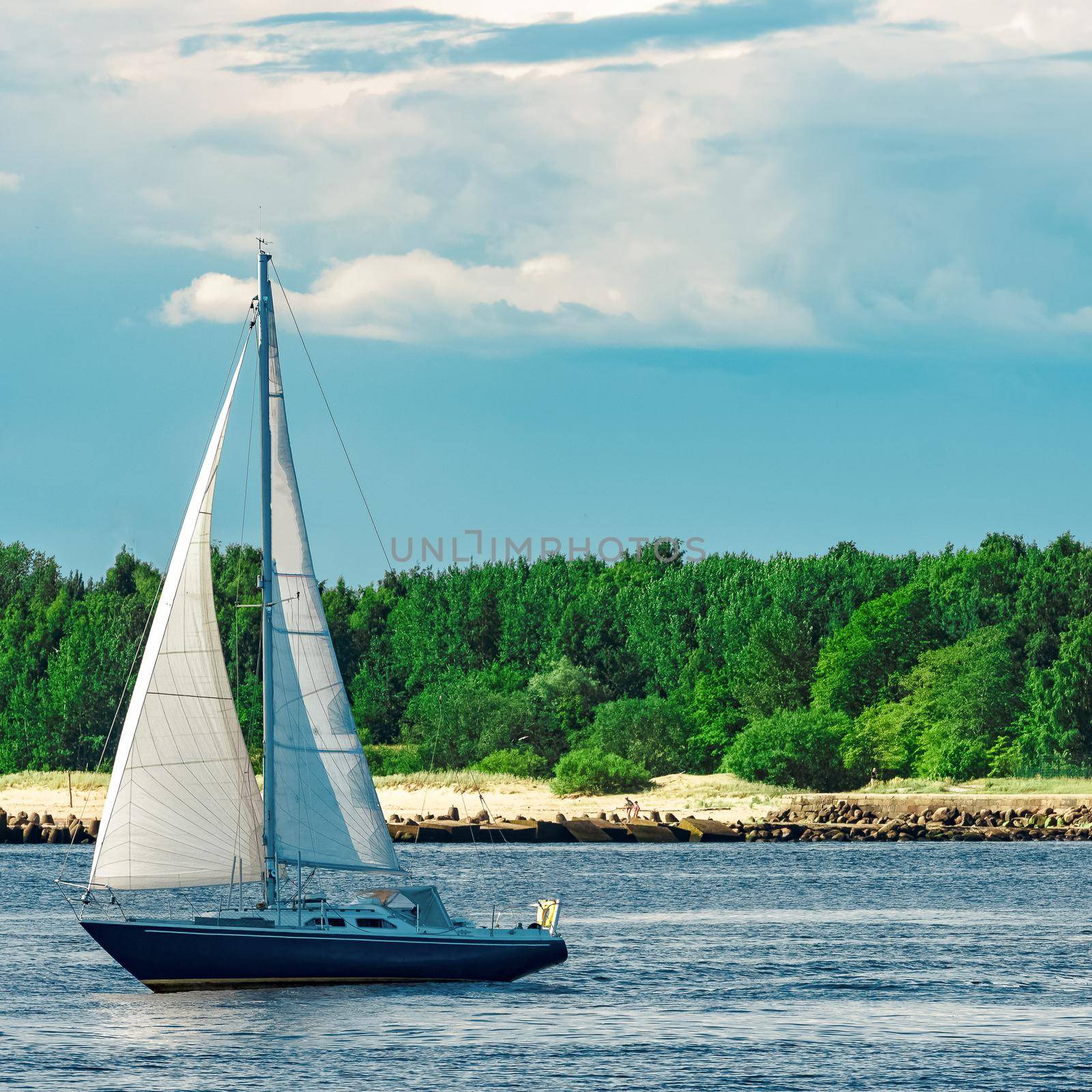 Blue sailboat at river by InfinitumProdux