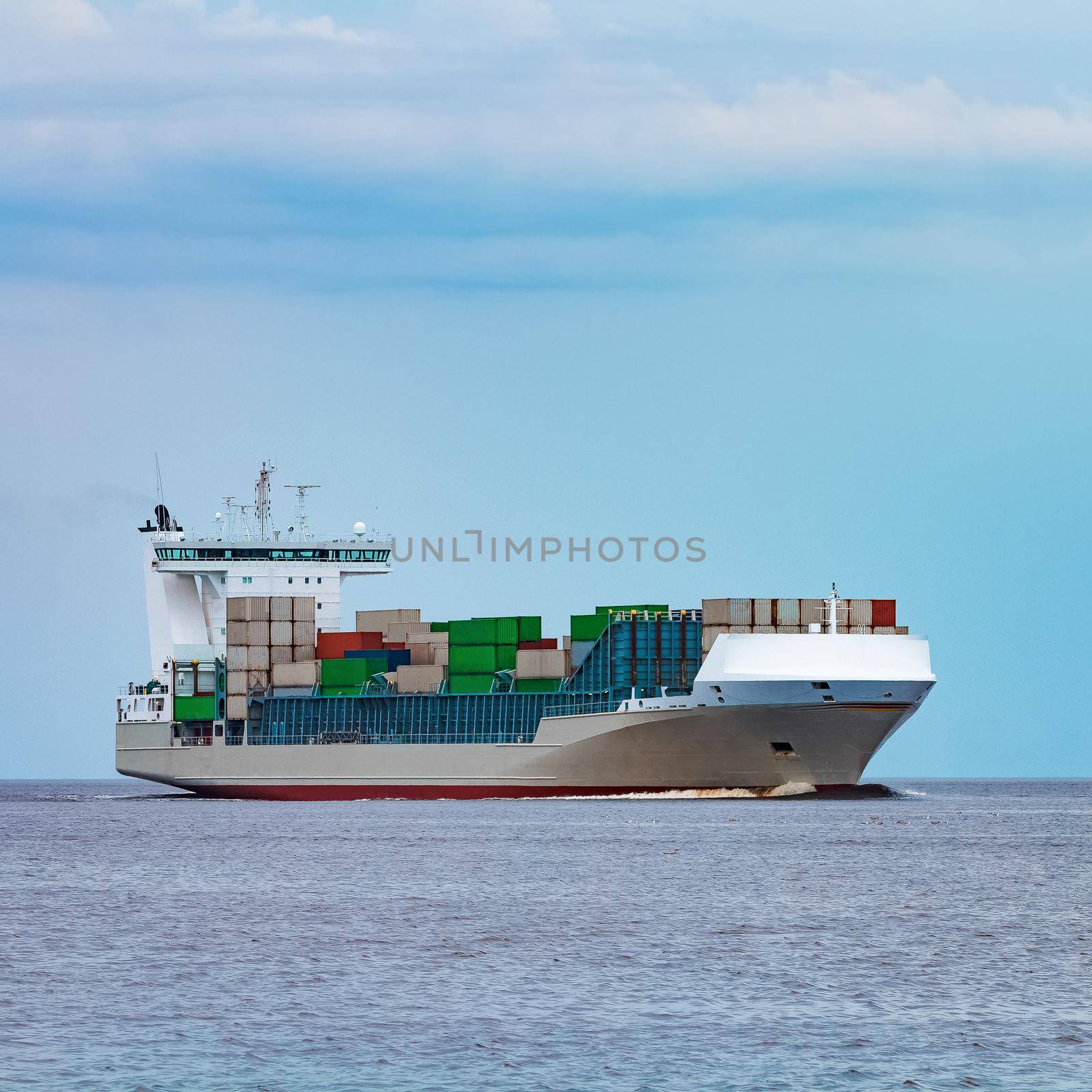 Grey container ship underway by InfinitumProdux