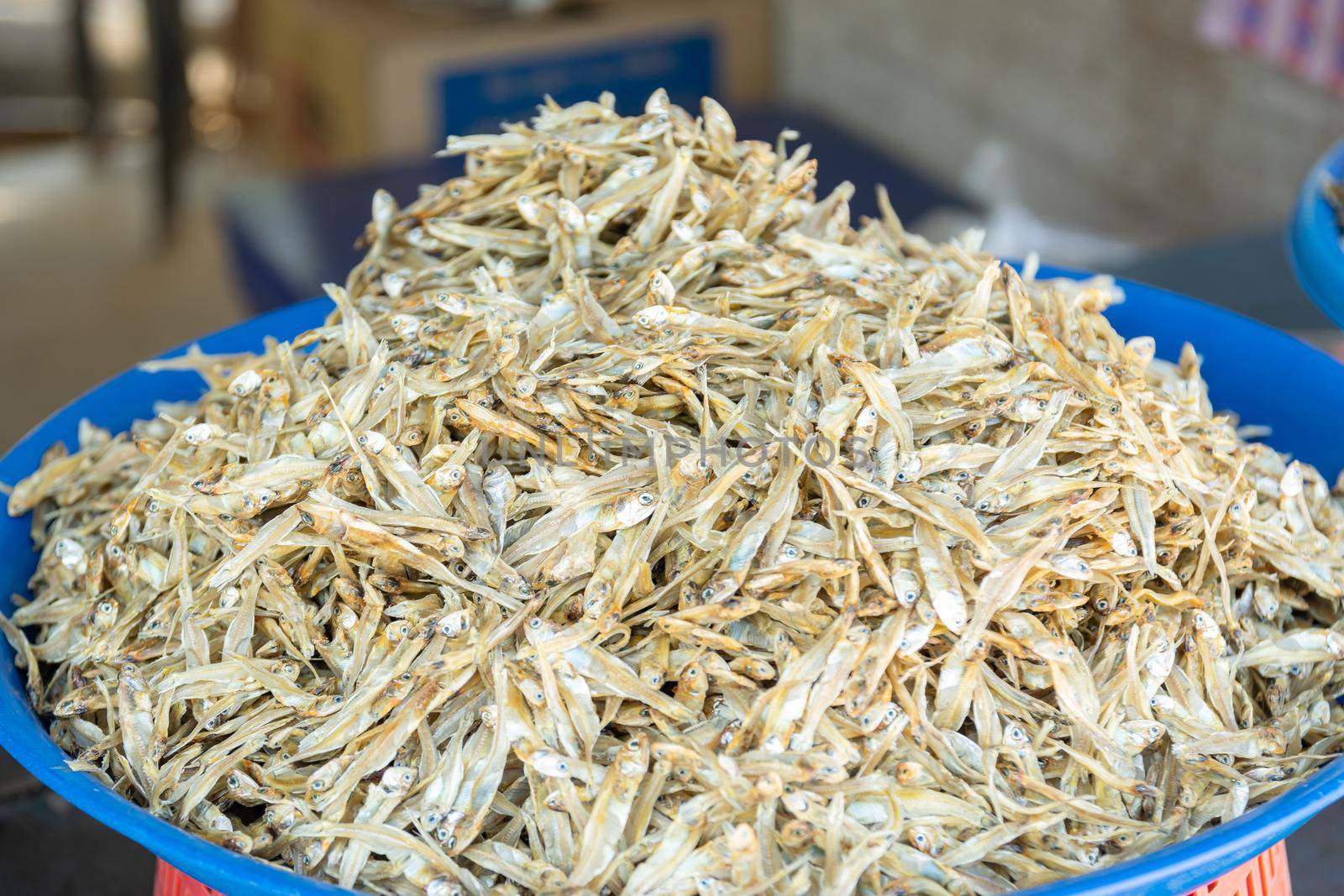 Group of small sea fish dried for sale to tourists in the market.