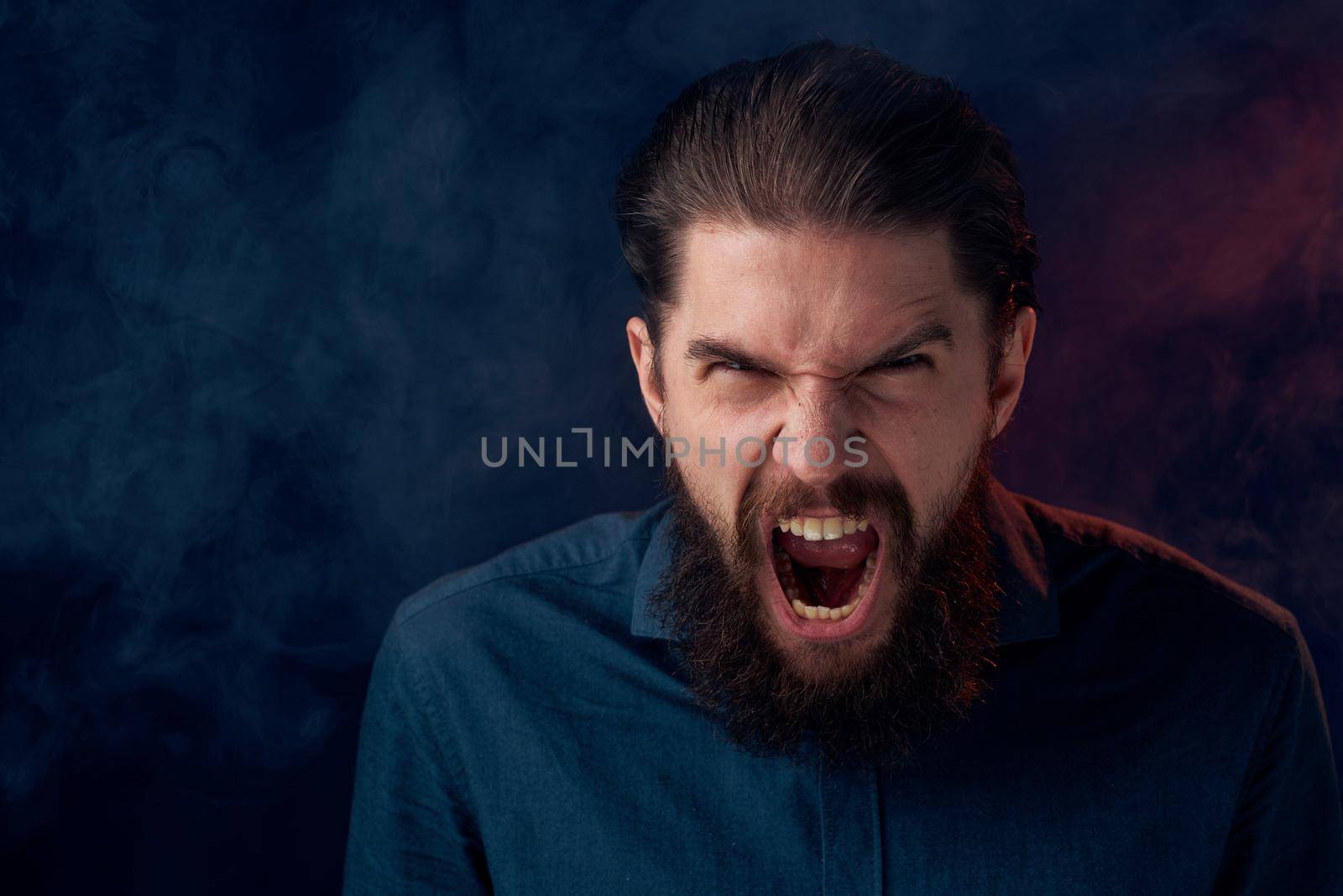 Cute bearded man in shirt elegant style close-up dark background by SHOTPRIME